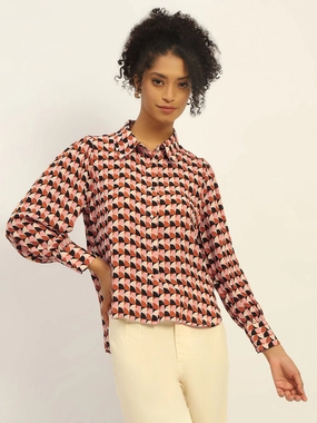 Madame Geometric Printed Rust And Brown Shirt Regular Fit