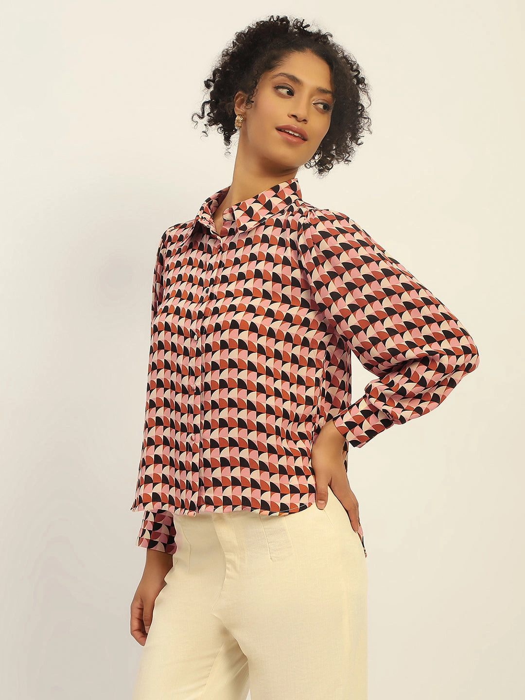 sporty wear Madame Geometric Printed Rust And Brown Shirt