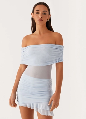 Social Ease Versatile Wear Nelly Off Shoulder Mini Dress - Blue