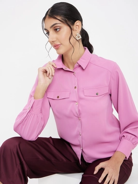 Cozy Option Street Wear Madame Polo Neck Solid Pink Shirt