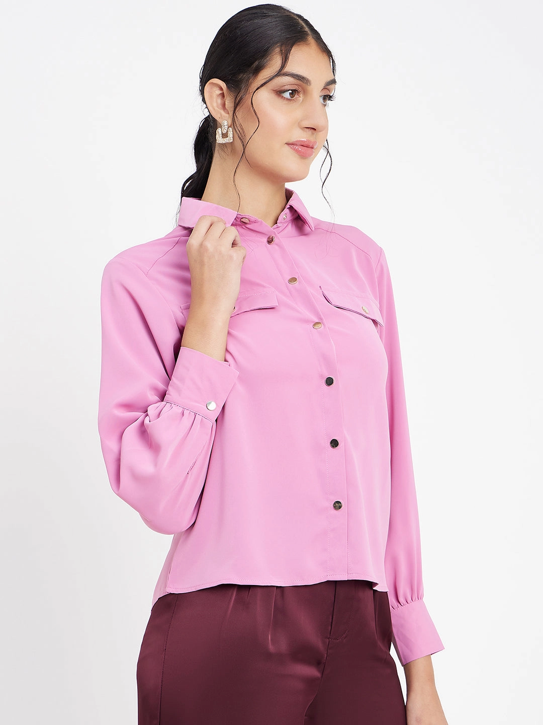 Sustainable production Breathable Lining Madame Polo Neck Solid Pink Shirt