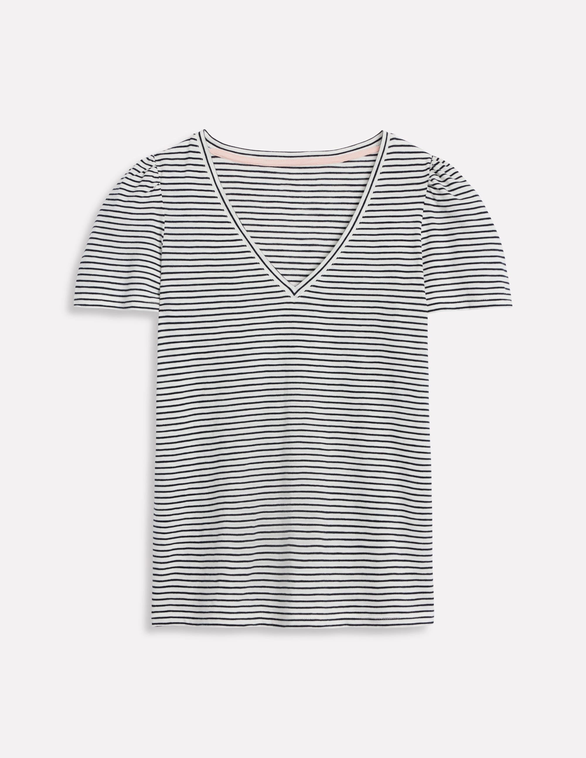 Short Sleeve V Neck T-shirt-Ivory, Navy Stripe OrganicCottonBlend