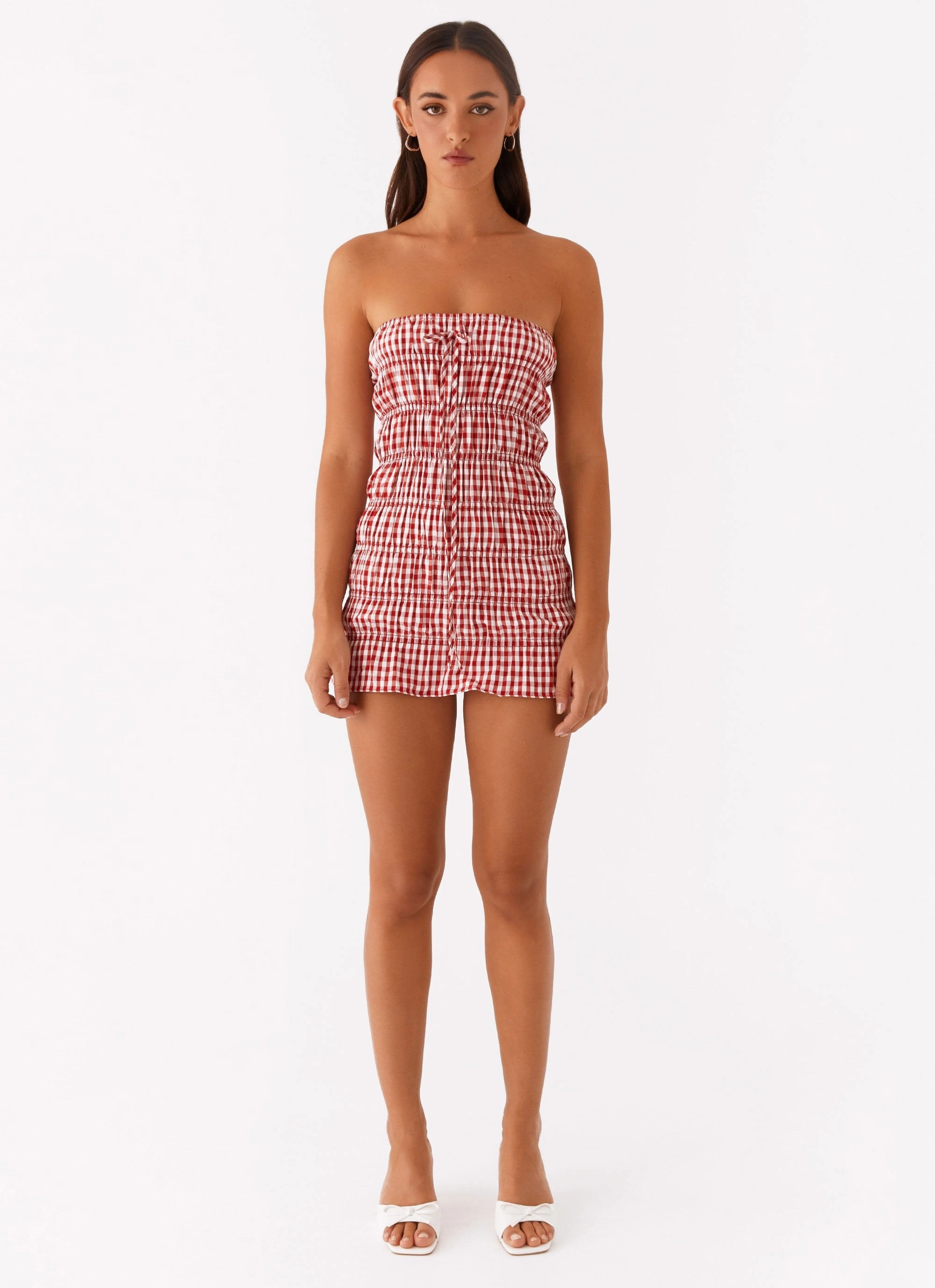 Shiny Zip Easy Layering Piece Adele Mini Dress - Red Gingham
