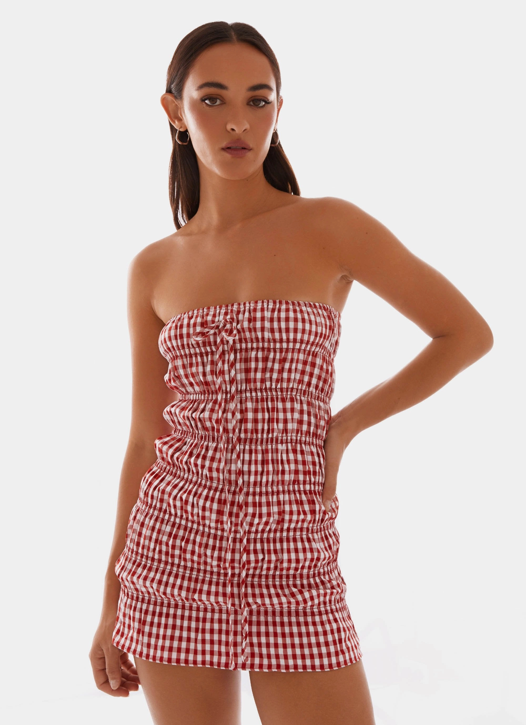 Adele Mini Dress - Red Gingham Shine Finish Quick Match