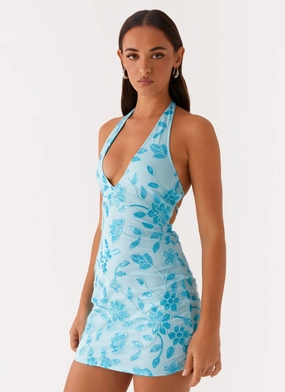 Adjustable-Length Merida Halterneck Beaded Mini Dress - Blue