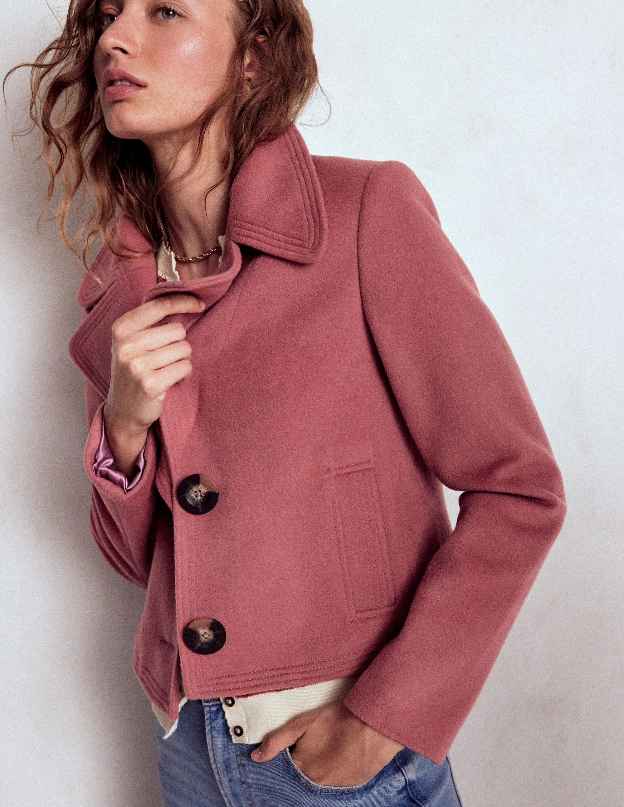Topstitch Jacket-DUSTY PINK ShrinkResistantFabric snap closure