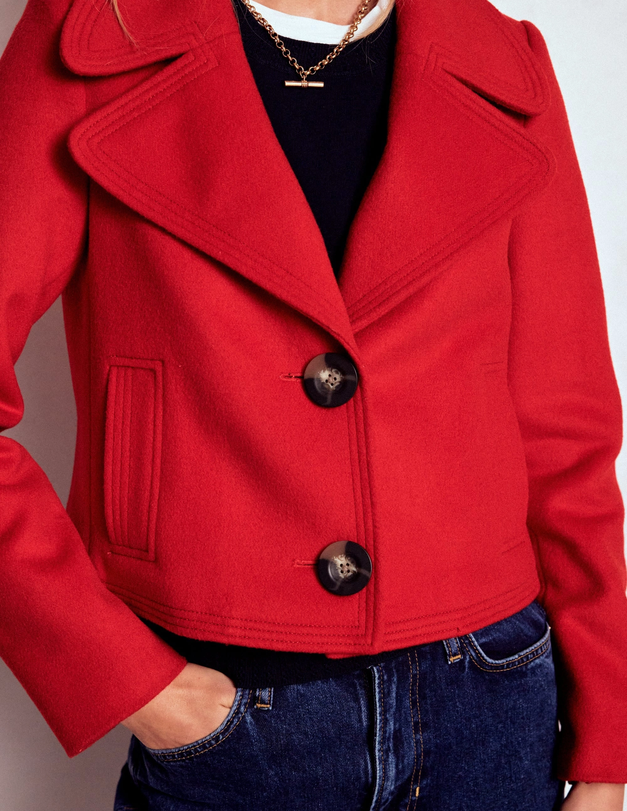 Topstitch Jacket-Poppy Red Anti Slip Shoulder Pads Pocket Details