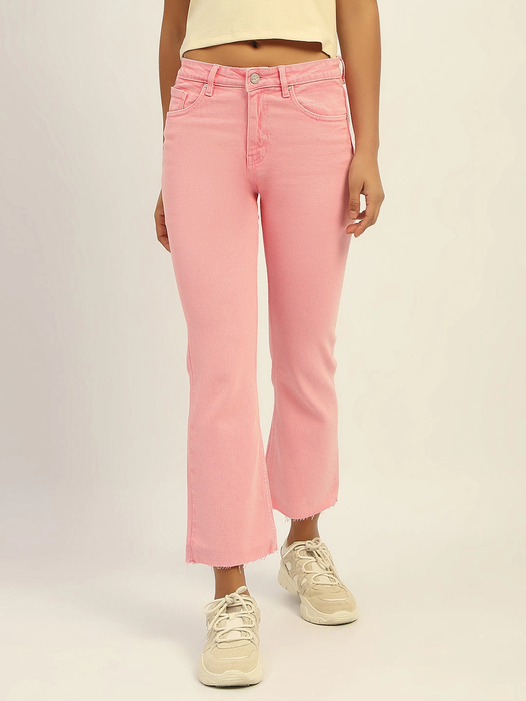 Fitted Design Casual Spring Mood Classic Wear Madame Mid Rise Cotton Pink Denim