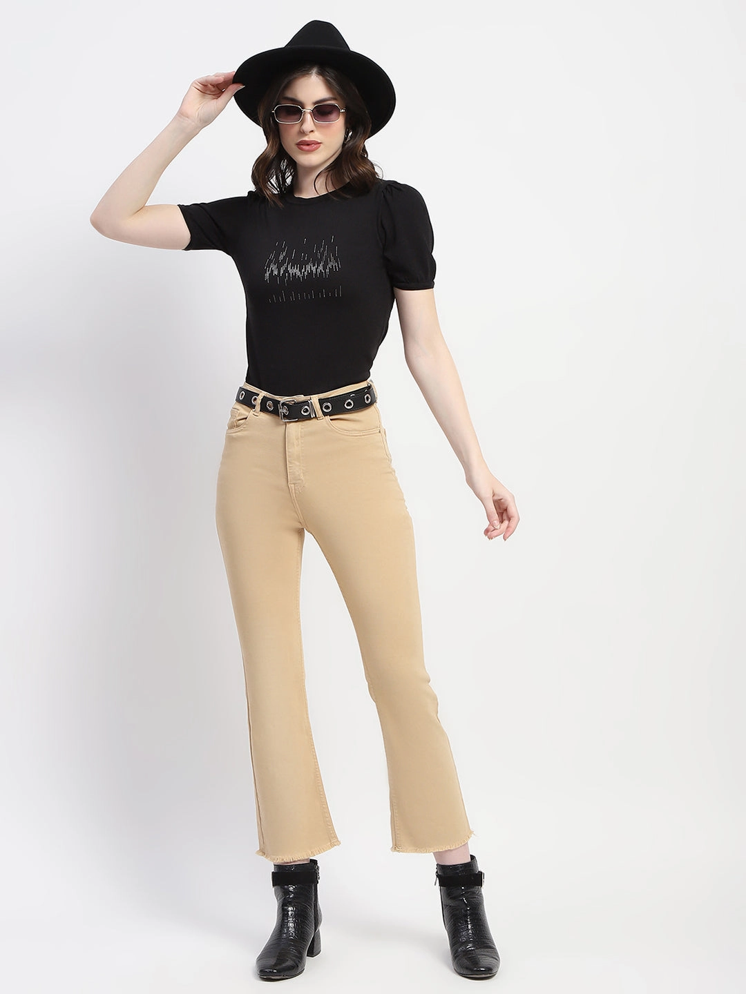 Stretch Minimalist Madame Frayed Hem Flared Beige Denim