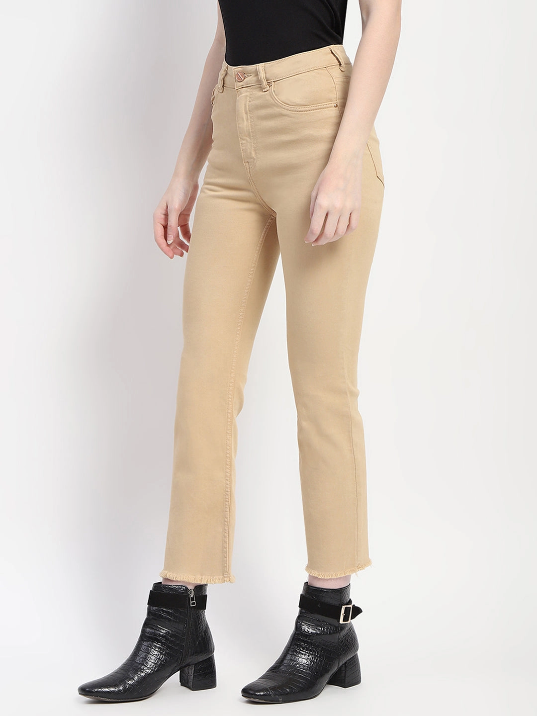Durable Athlete Fit Travel Outfit Madame Frayed Hem Flared Beige Denim