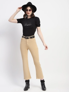 Stretch Minimalist Madame Frayed Hem Flared Beige Denim