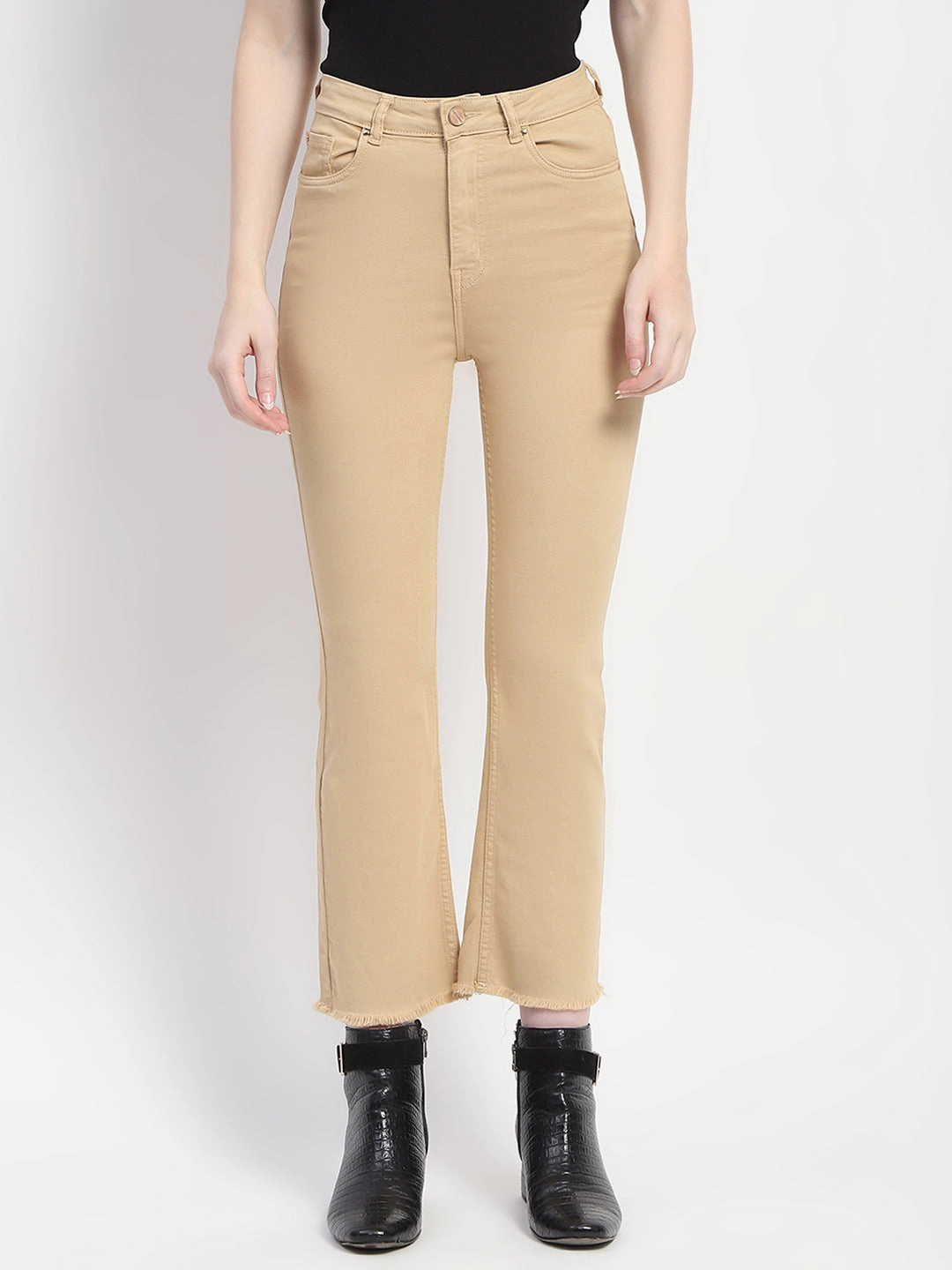 Madame Frayed Hem Flared Beige Denim Daily Essential