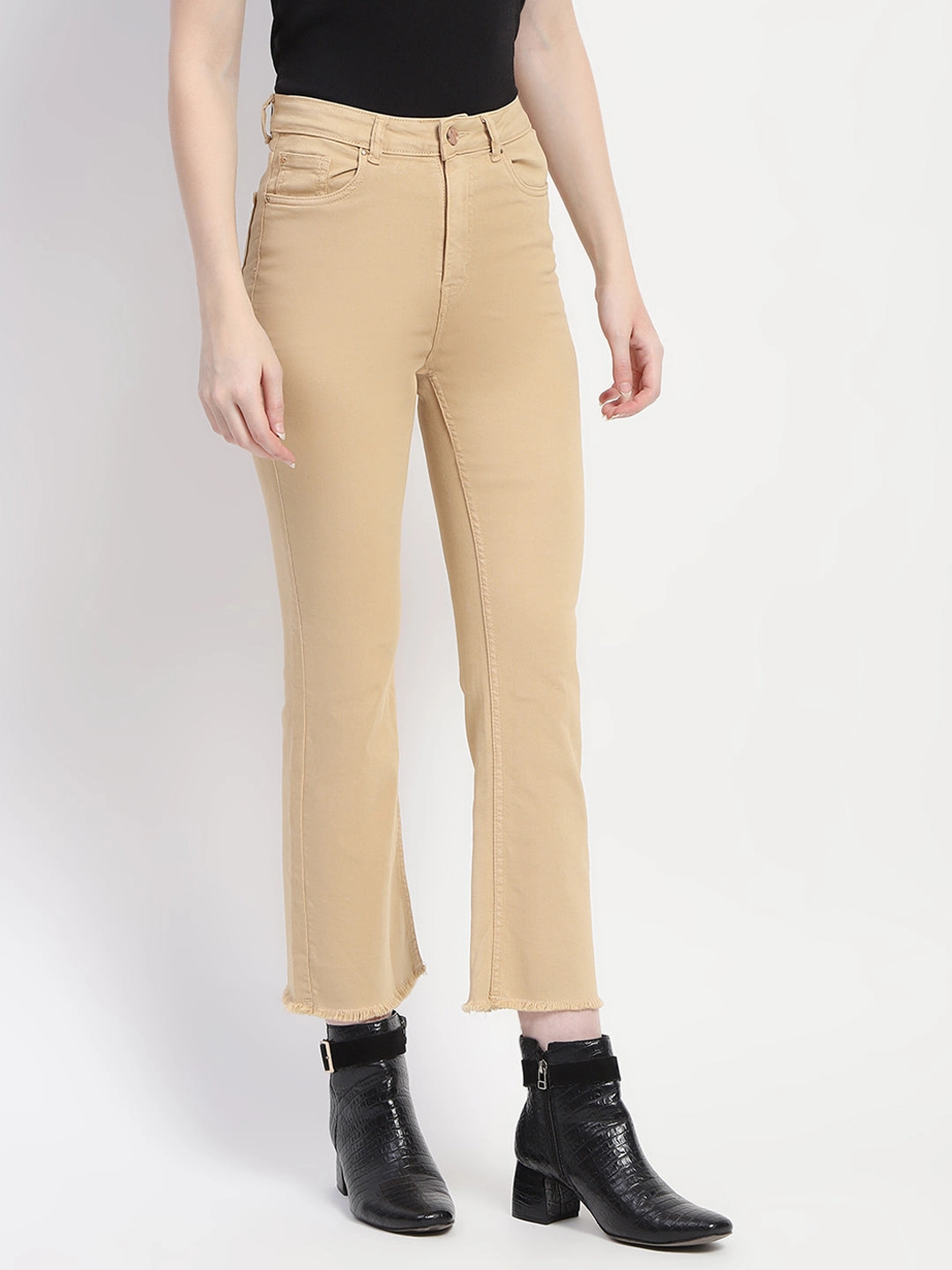 Everyday Style Madame Frayed Hem Flared Beige Denim