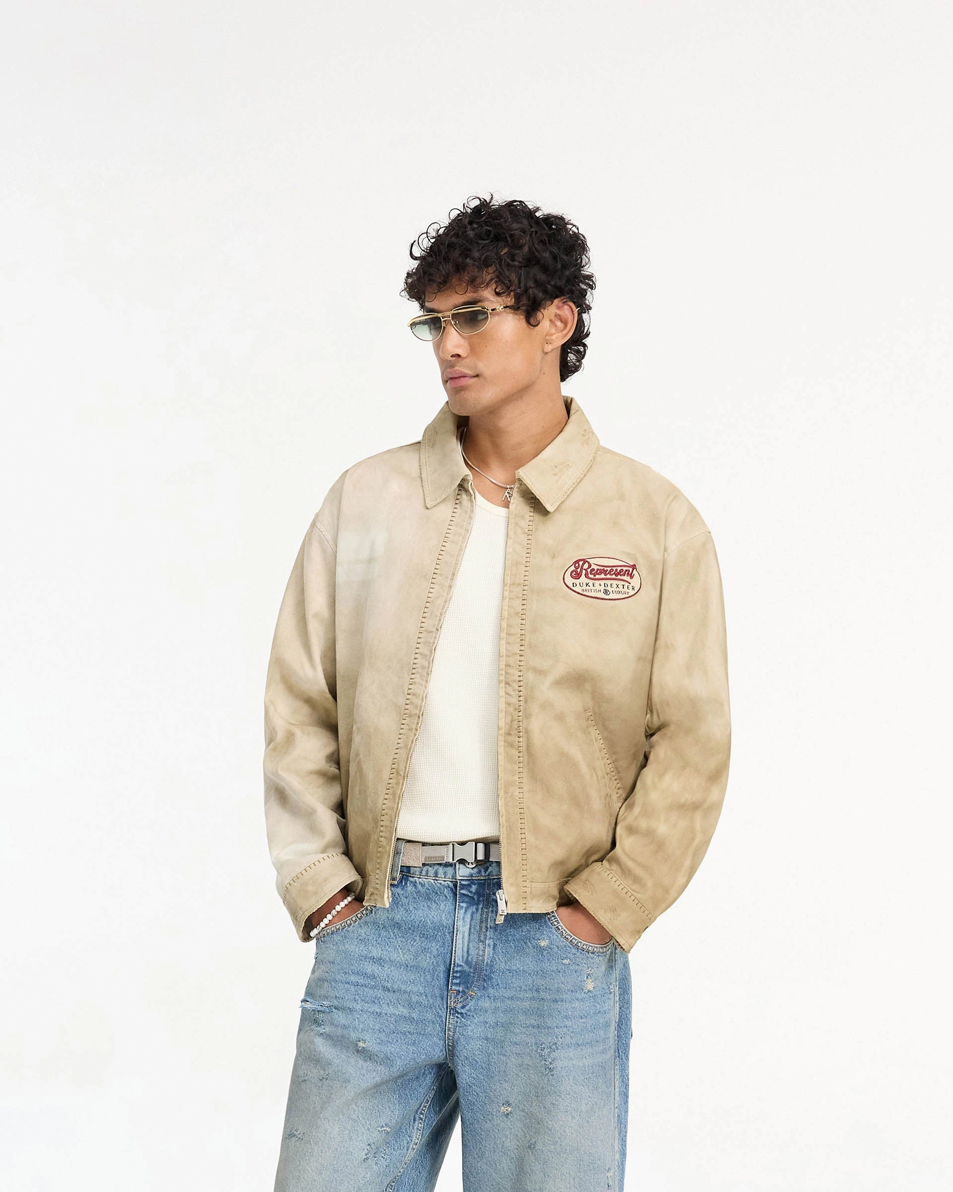 NonRestrictiveFit Double Layered Represent X Duke   Dexter Multi Patch Carpenter Jacket - Sand