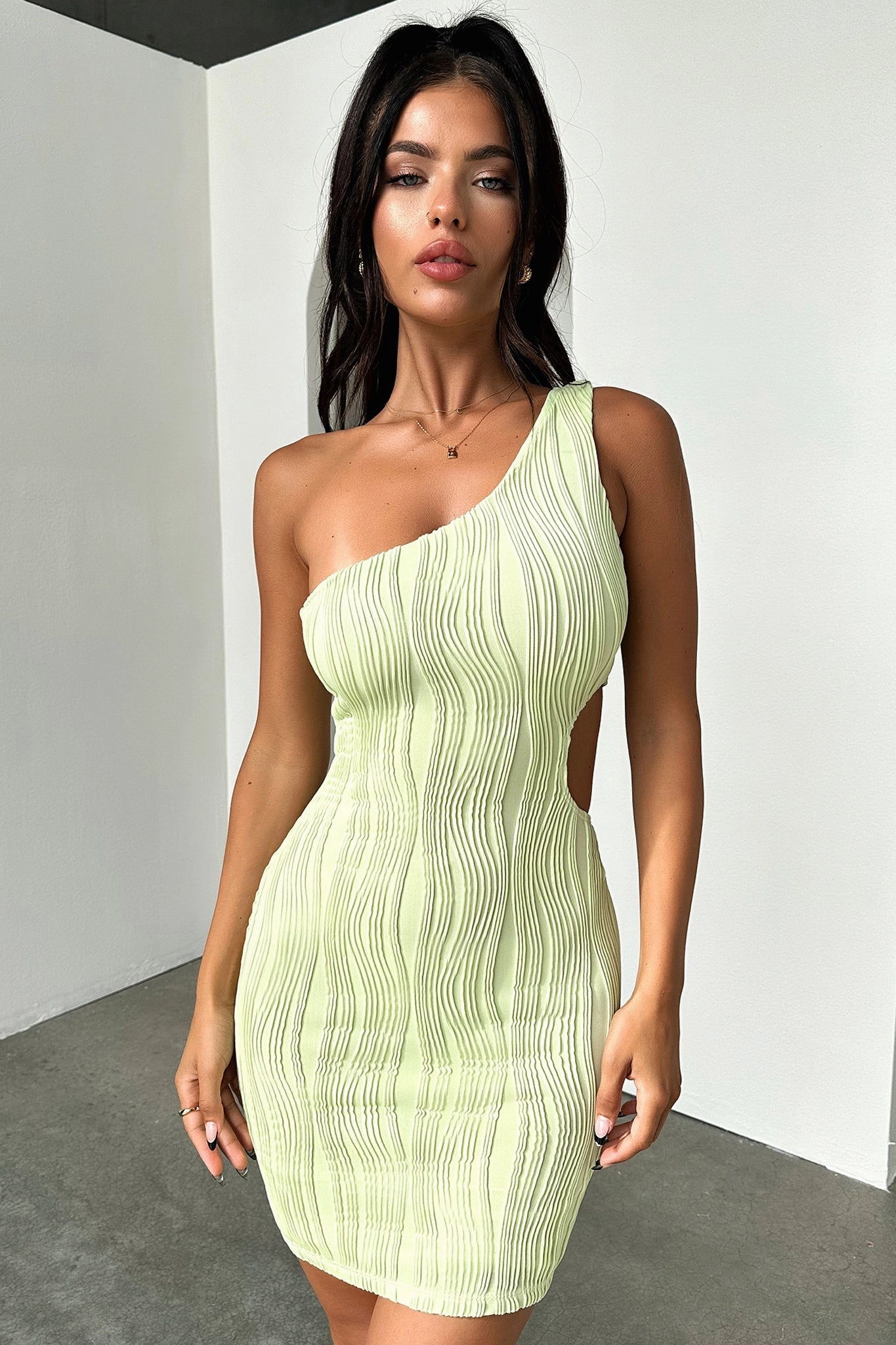 Trami One Shoulder Mini Dress - Green Versatile Layering