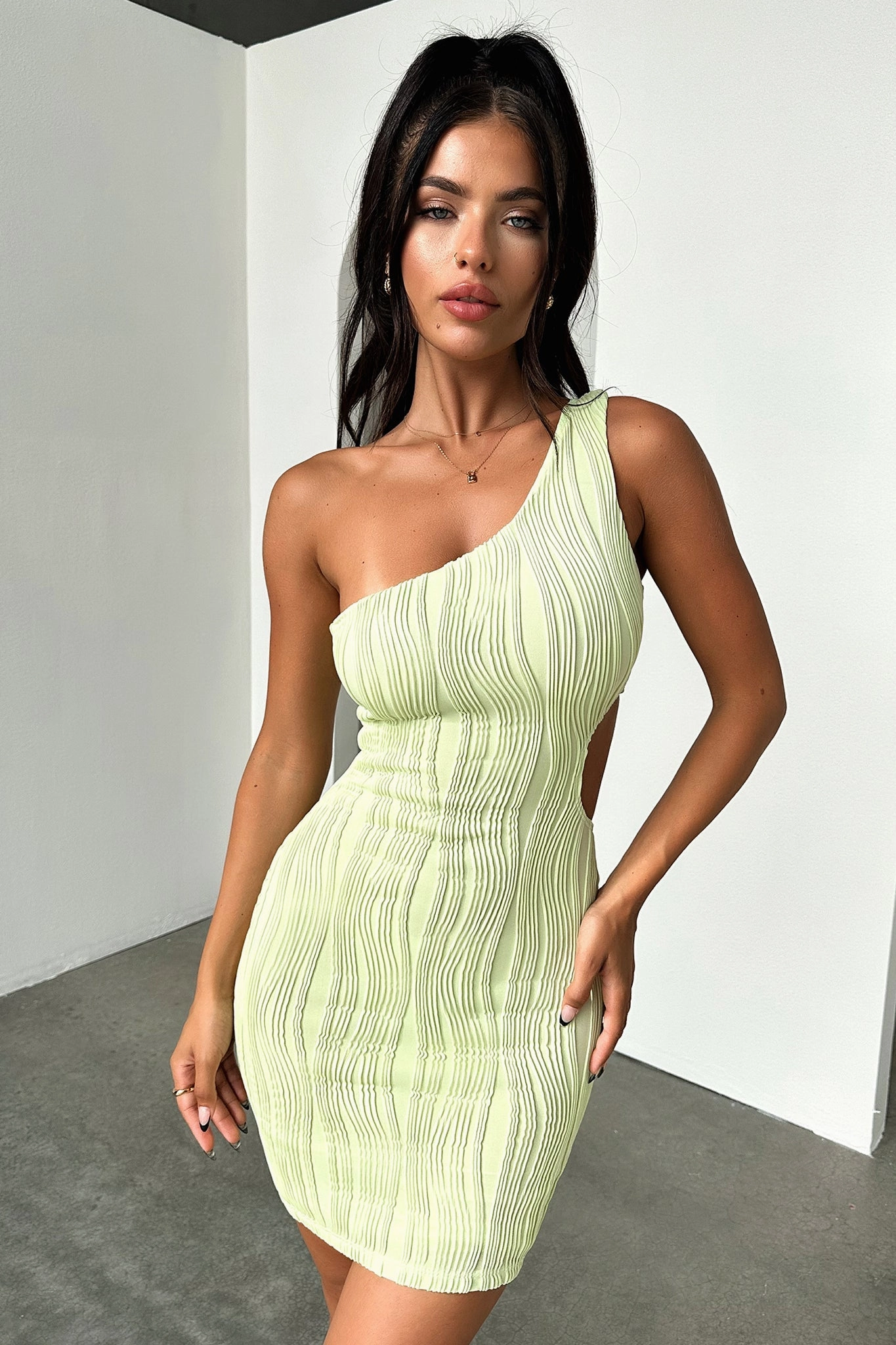 Comfortable Waist Design Casual Lines Trami One Shoulder Mini Dress - Green