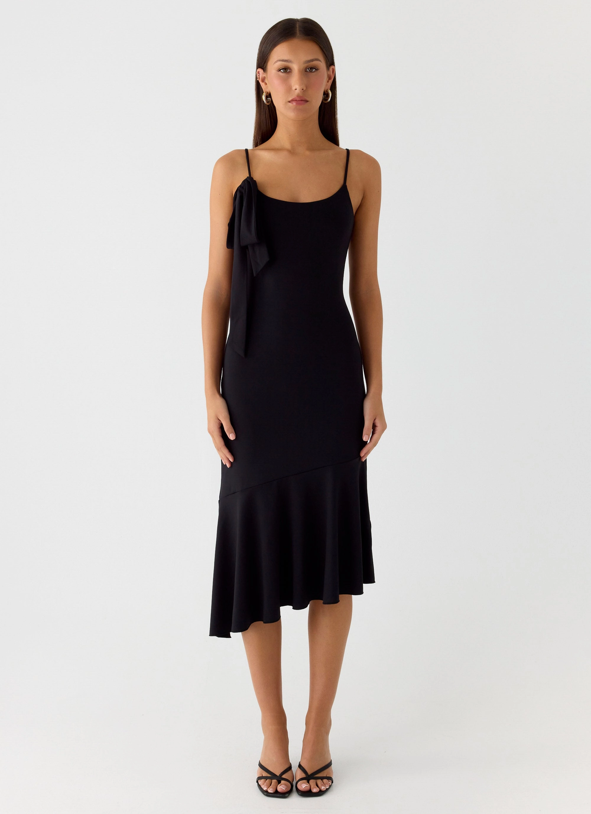Tranquility Asymmetric Midi Dress - Black Feminine Energy