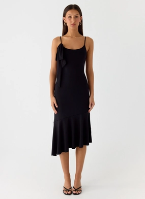 Tranquility Asymmetric Midi Dress - Black Feminine Energy