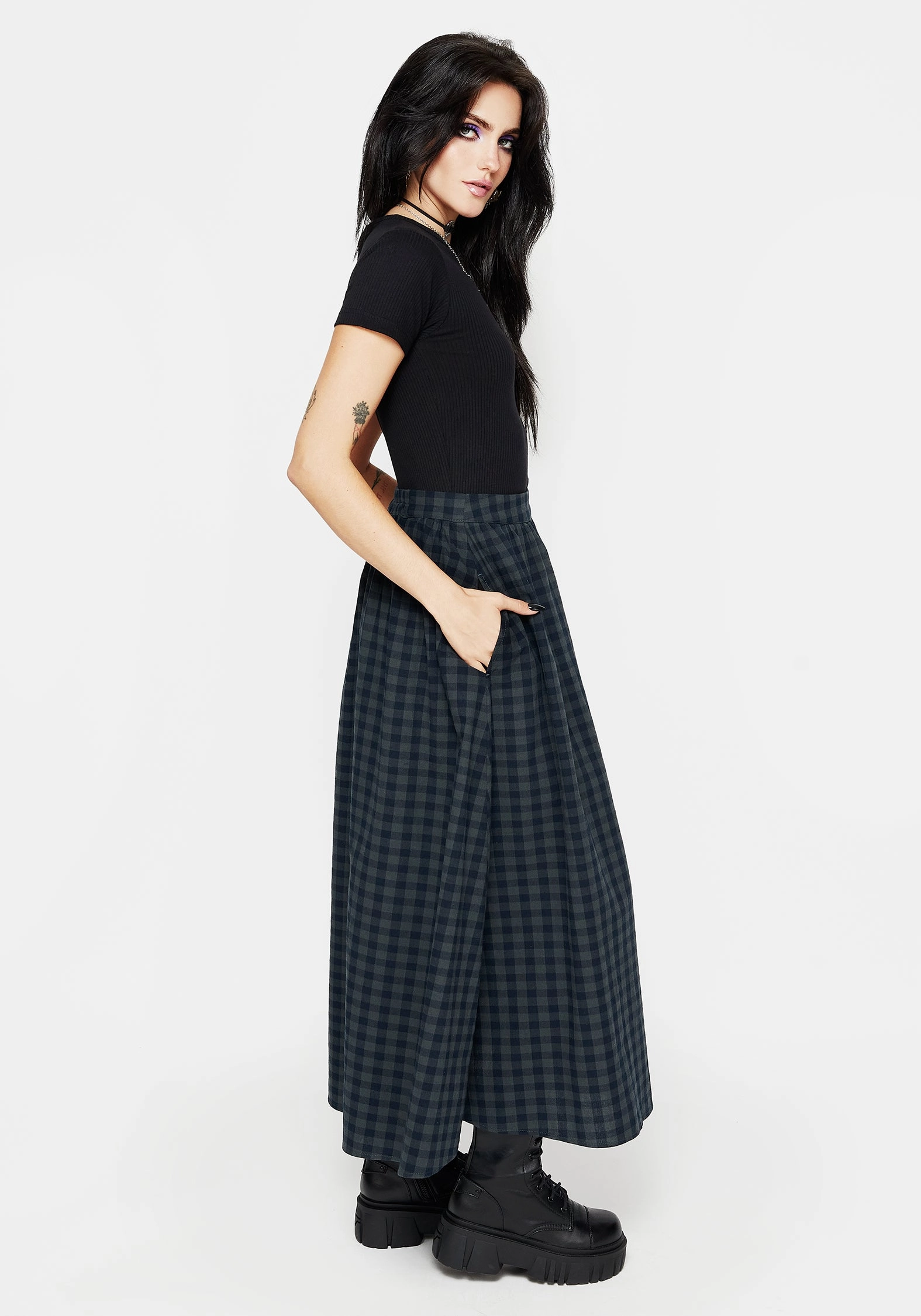 ruffle trim Hand Stitched Jeannie Check Cotton Button Up Midaxi Skirt