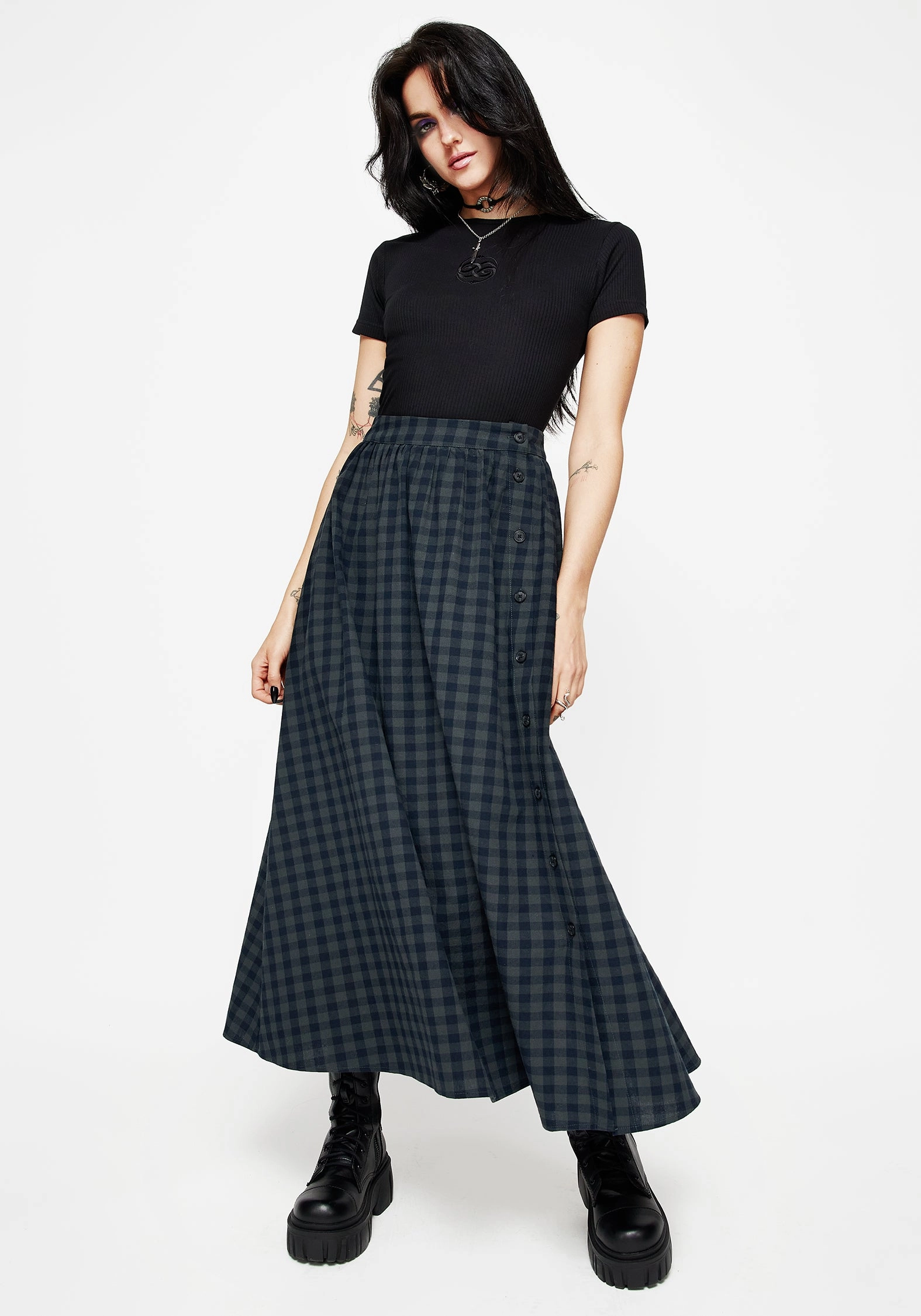Stretch Comfort Jeannie Check Cotton Button Up Midaxi Skirt