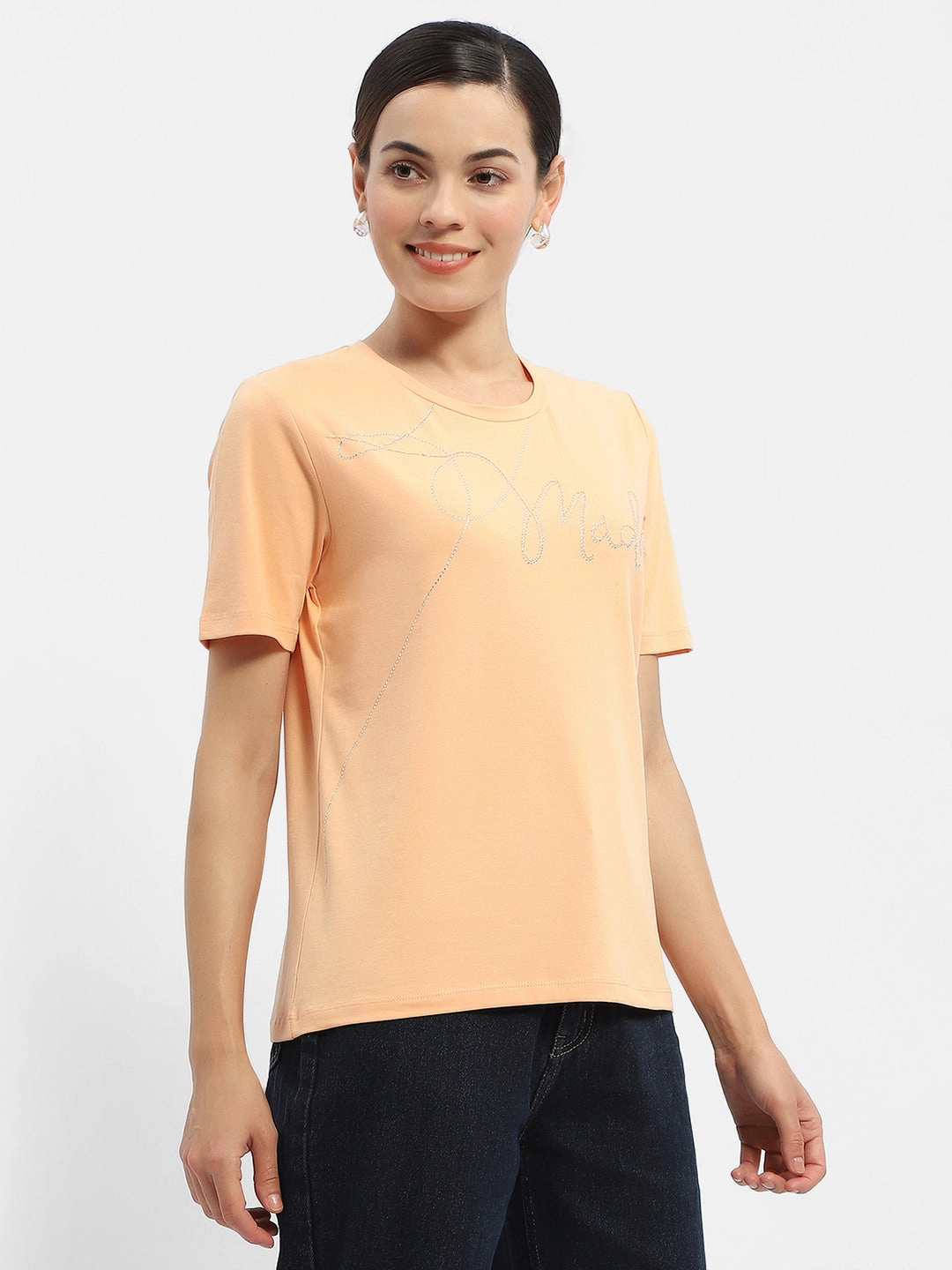 Moisture Management Fabric Weekend Smart Madame Embellished Typography Peach Regular T-Shirt