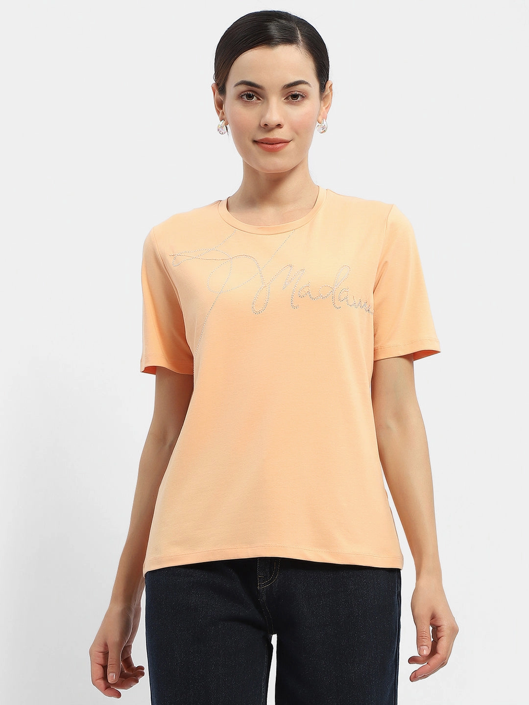 LowImpact Manufacturing Beaded details Madame Embellished Typography Peach Regular T-Shirt