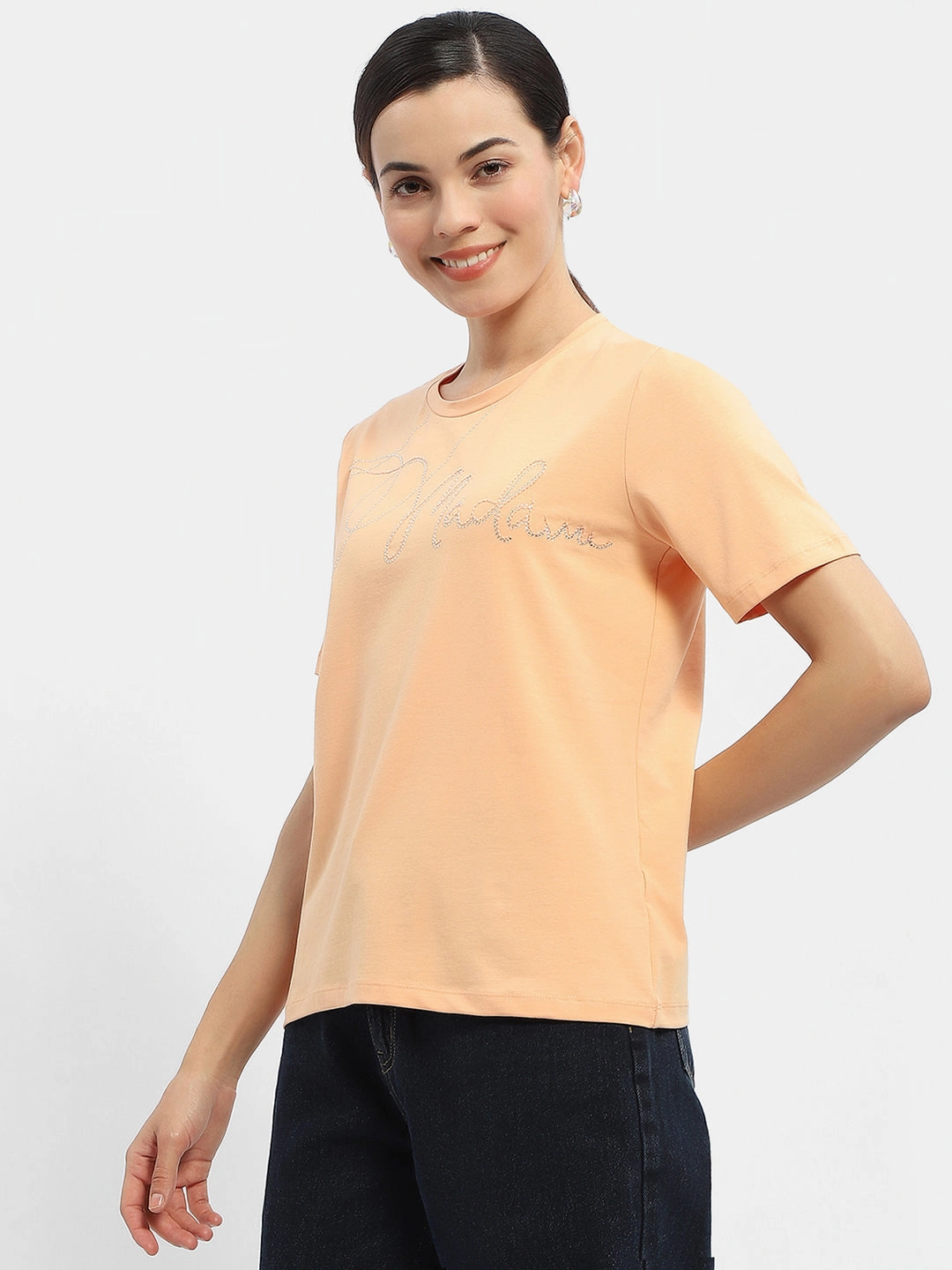 Madame Embellished Typography Peach Regular T-Shirt VintageWashEffect Washable fabric
