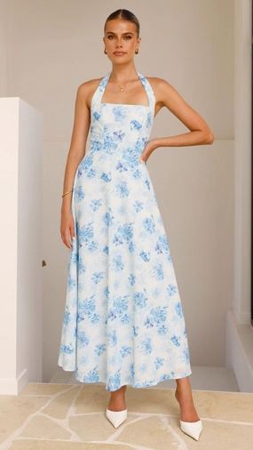Compressible Vintage feel Mady Maxi Dress - Blue Floral