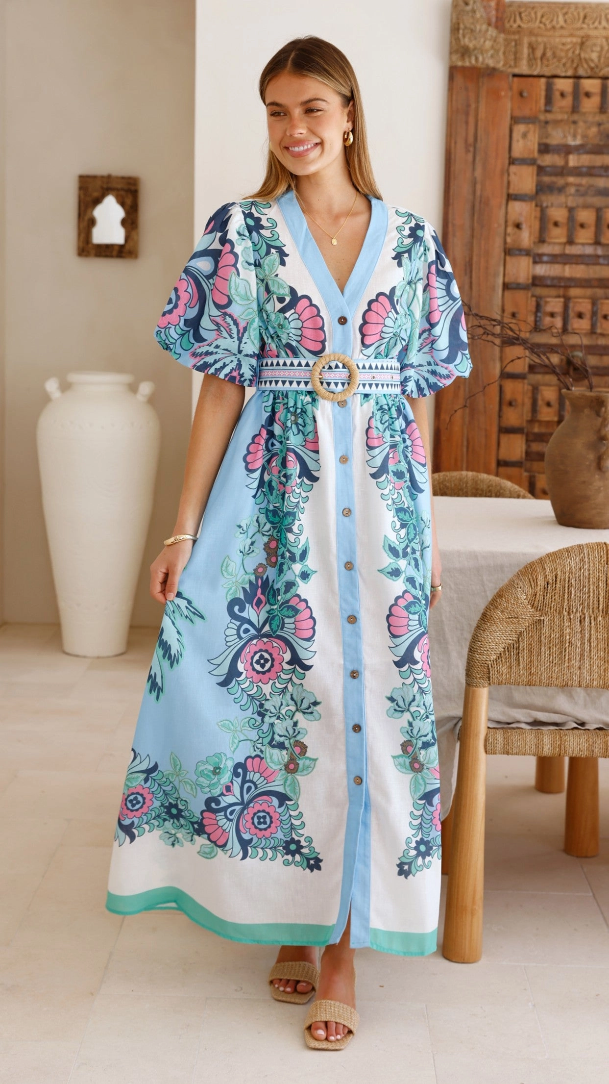 Layered Texture Dali Maxi Dress - Island Bloom Blue