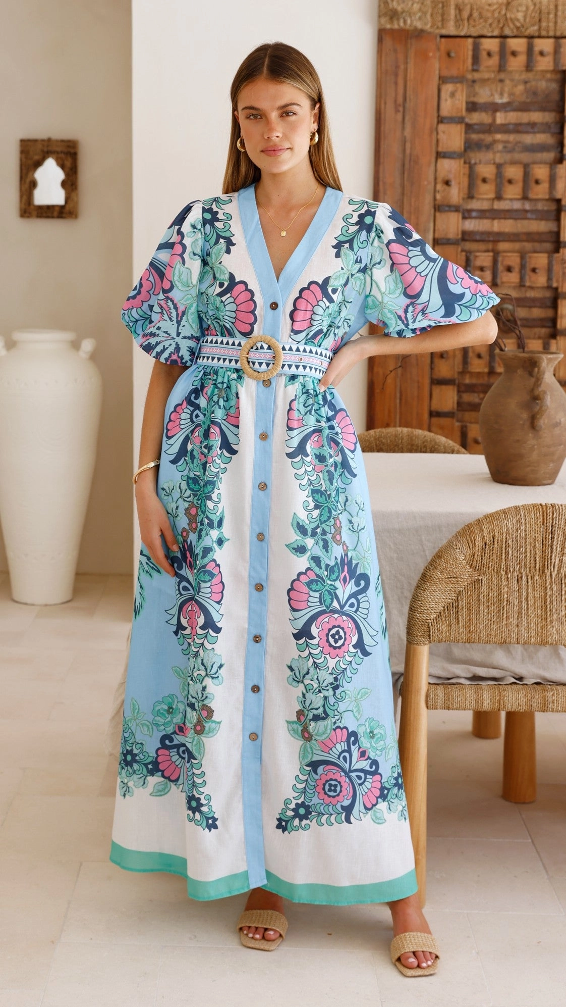 Flattering Waist Fit Dali Maxi Dress - Island Bloom Blue
