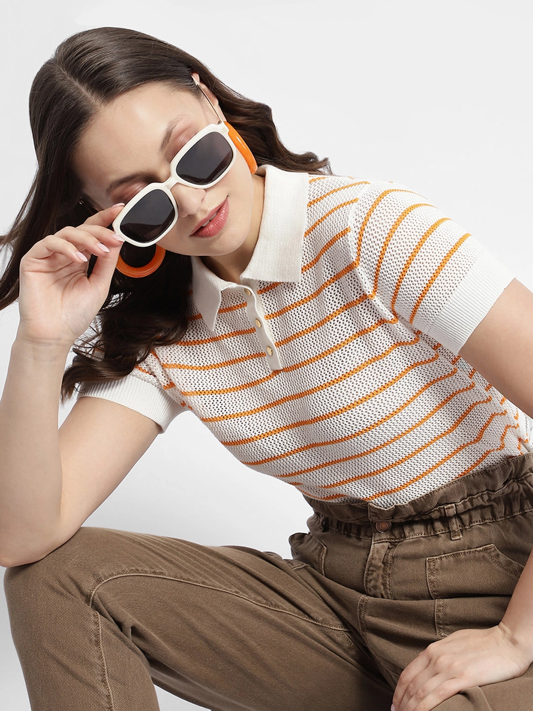 Madame Orange Striped Polo Neck T-Shirt Antibacterial Treatment
