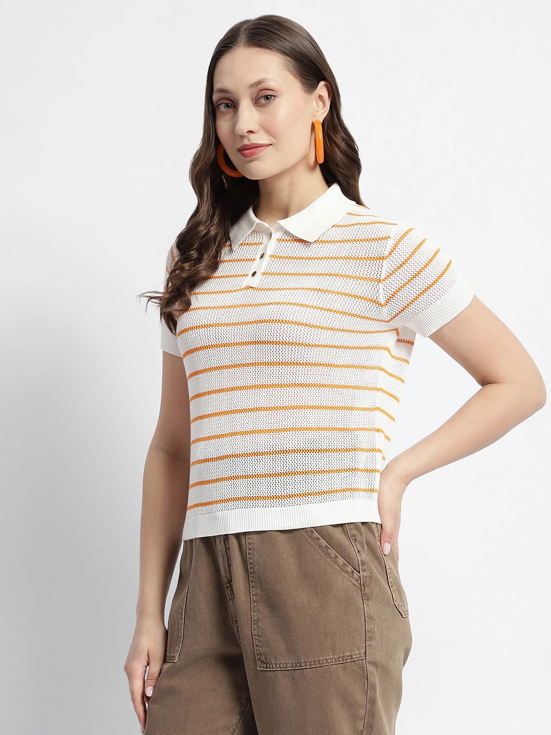 Madame Orange Striped Polo Neck T-Shirt Comfy Stretch Fit Workout Gear