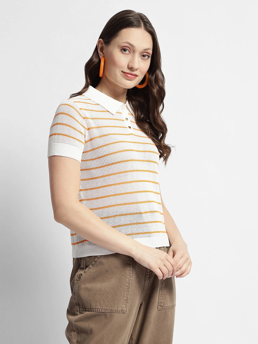 Madame Orange Striped Polo Neck T-Shirt Comfy Performance Wear Perfectly Fit