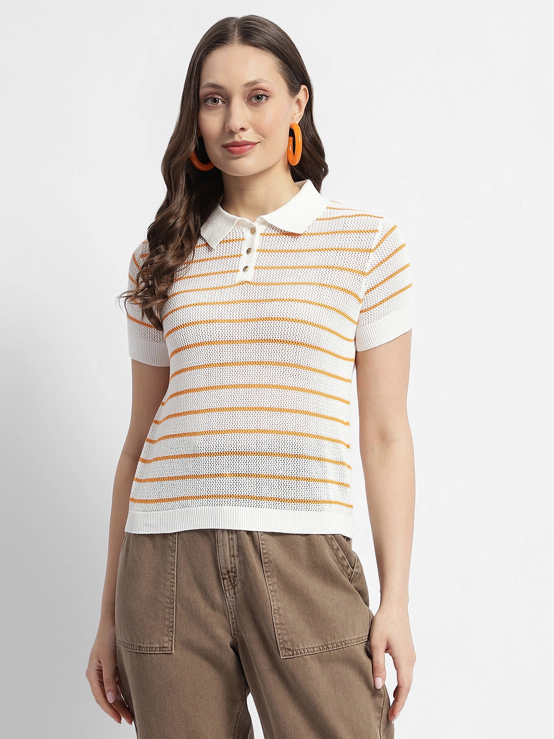 Quick Access Madame Orange Striped Polo Neck T-Shirt