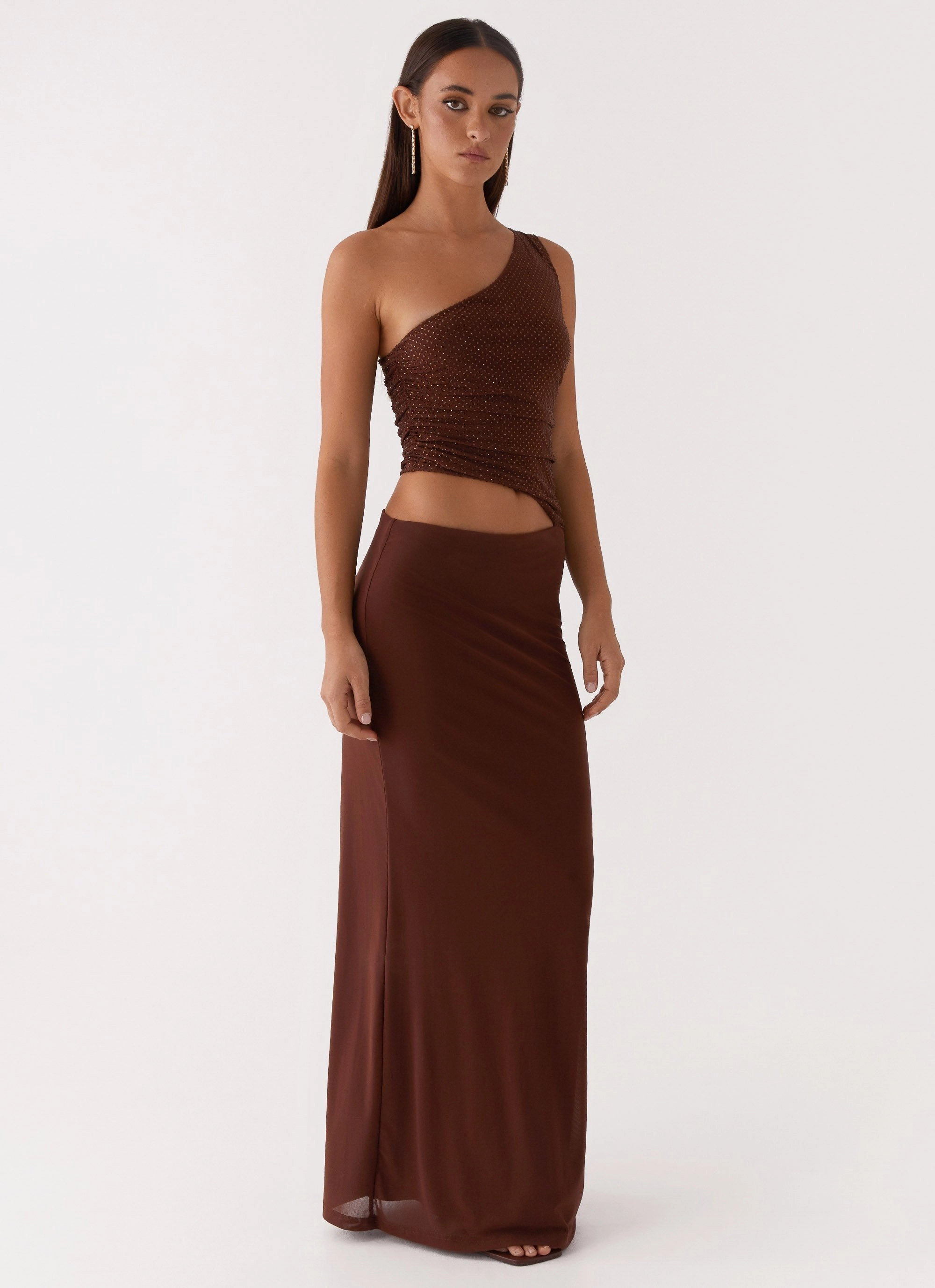 Chic Harmony Seranella Sequin One Shoulder Maxi Dress - Chocolate