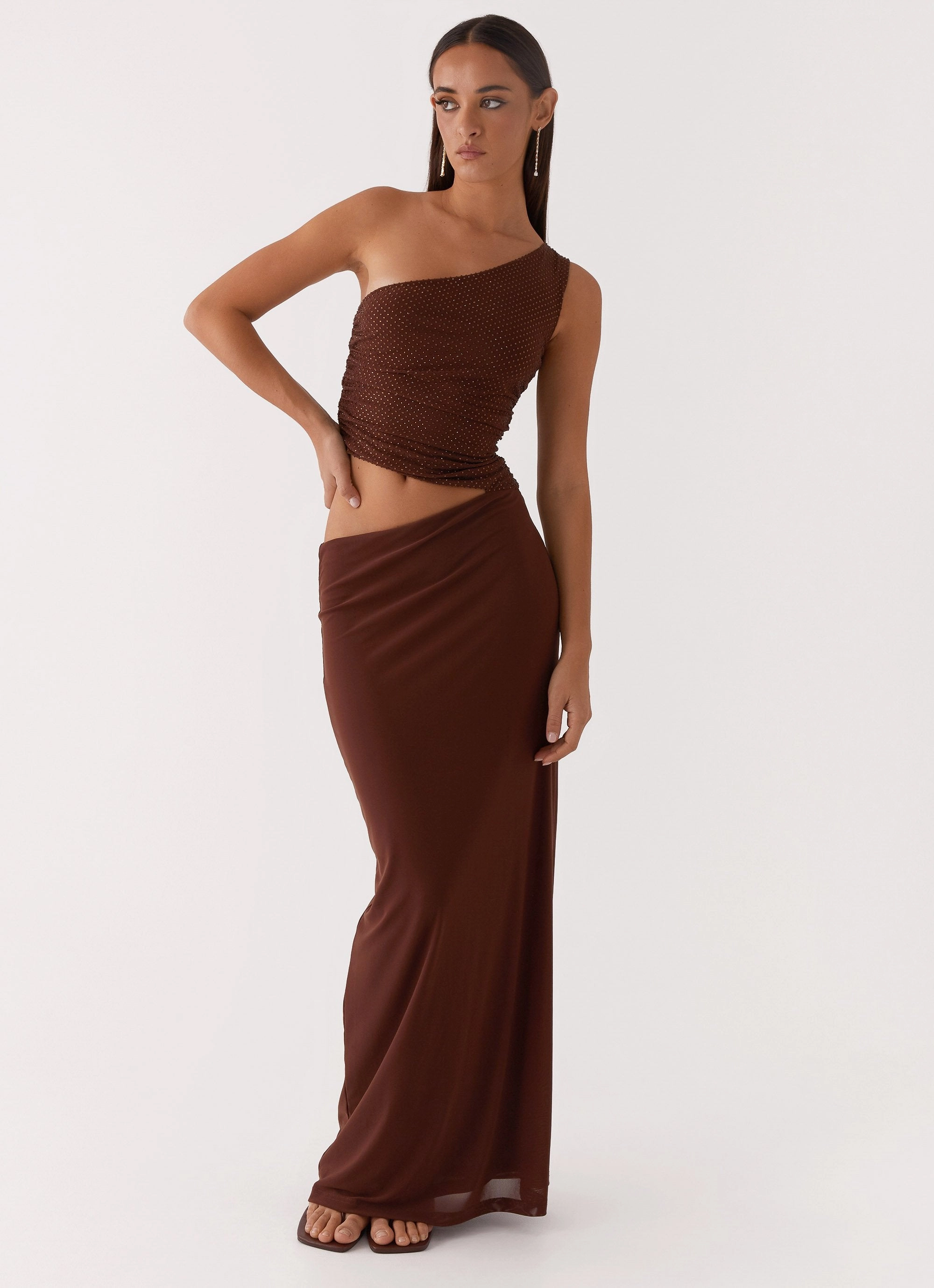Seranella Sequin One Shoulder Maxi Dress - Chocolate Grace Color Versatile Layer