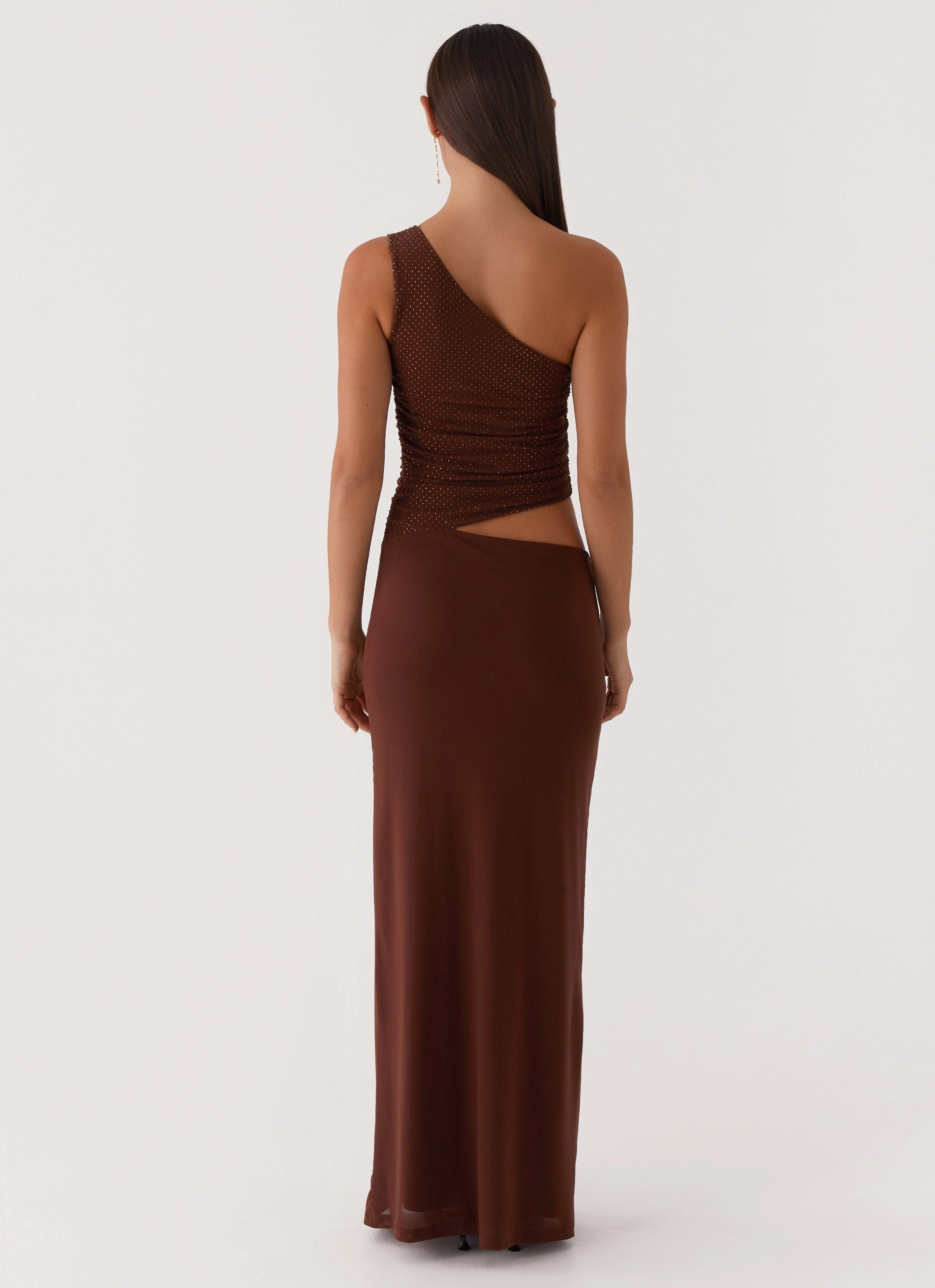 Soft and Stylish Seranella Sequin One Shoulder Maxi Dress - Chocolate
