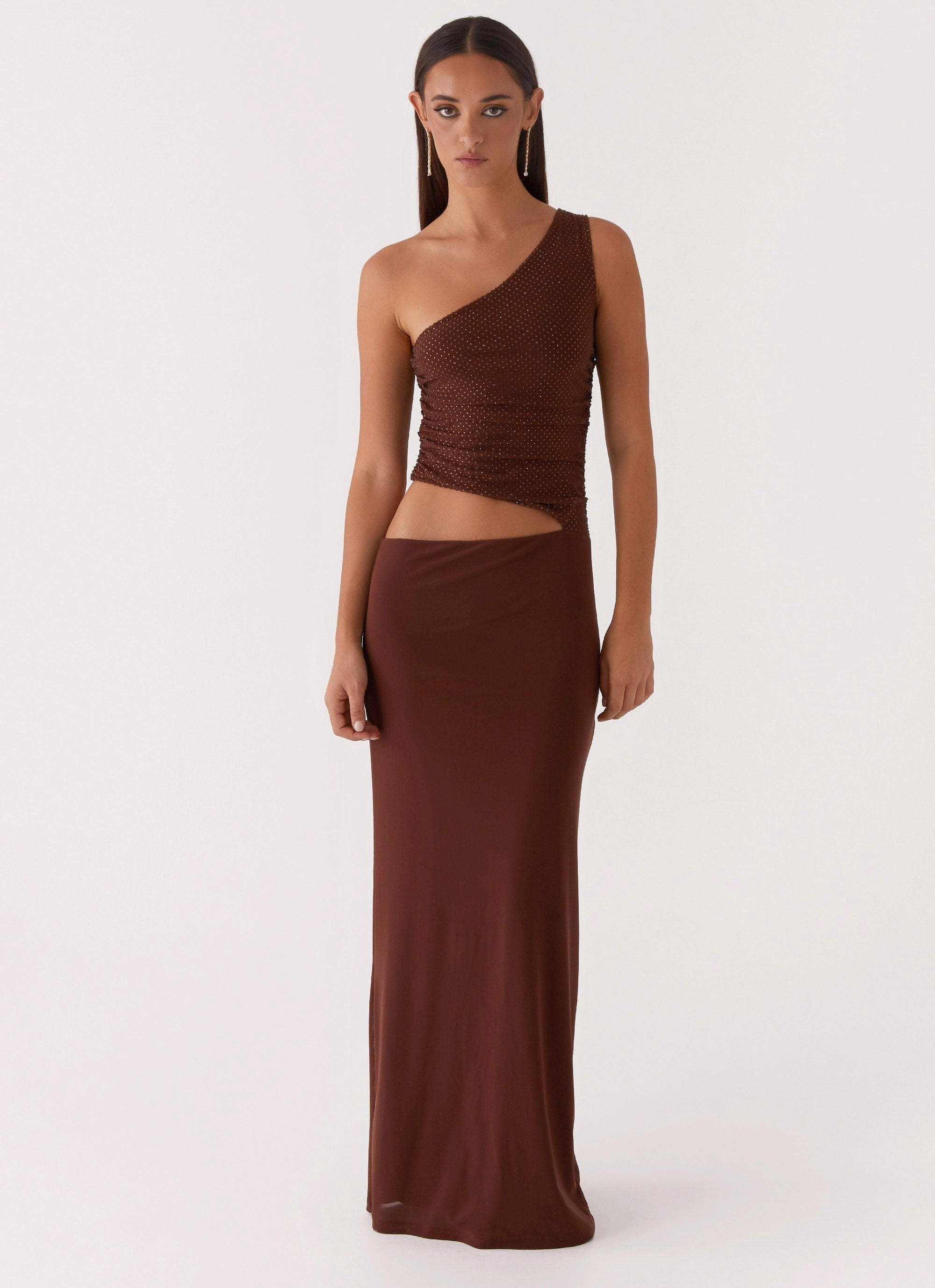 Fit Clean Seranella Sequin One Shoulder Maxi Dress - Chocolate