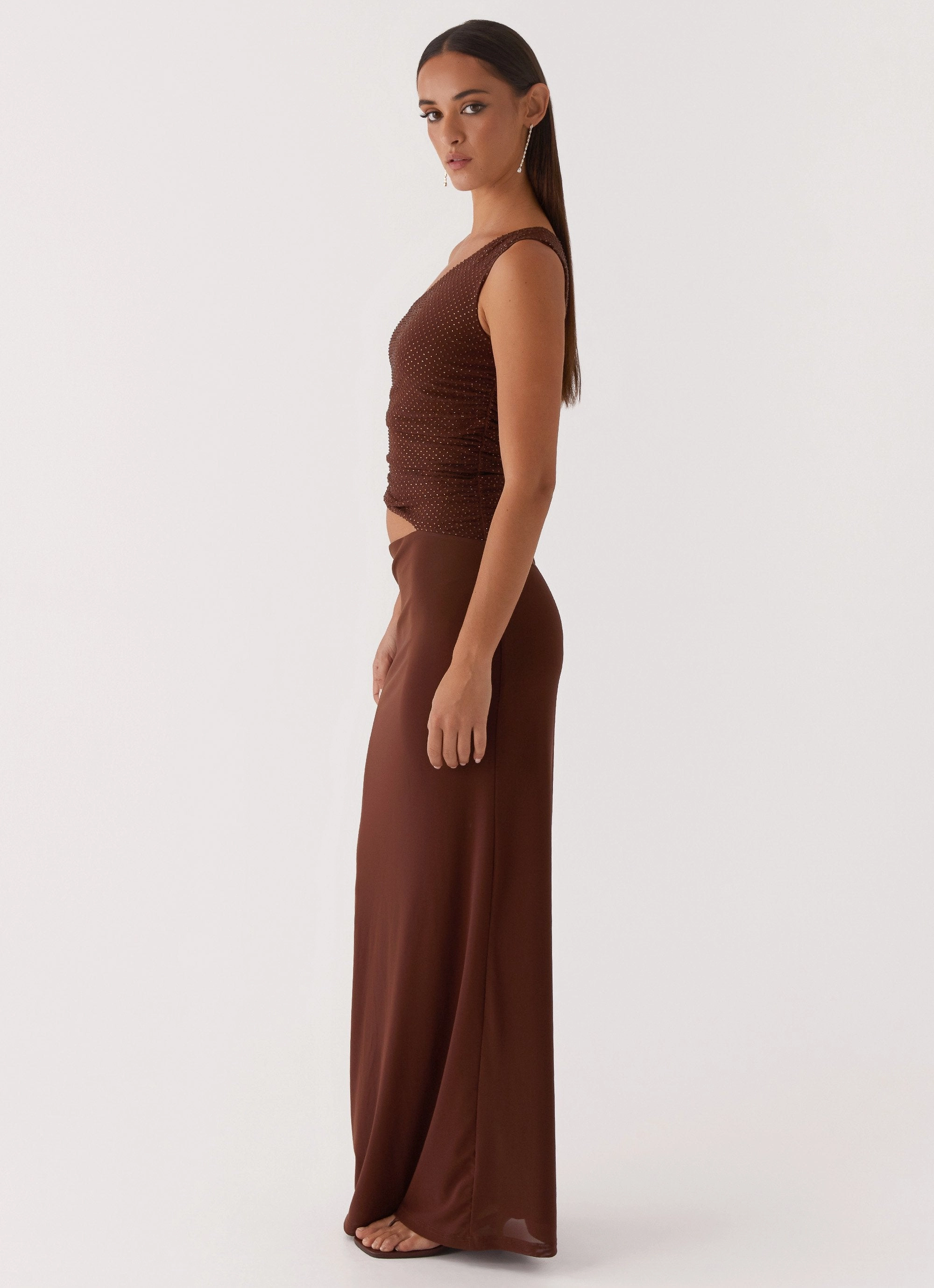 Seranella Sequin One Shoulder Maxi Dress - Chocolate Classic Vibe