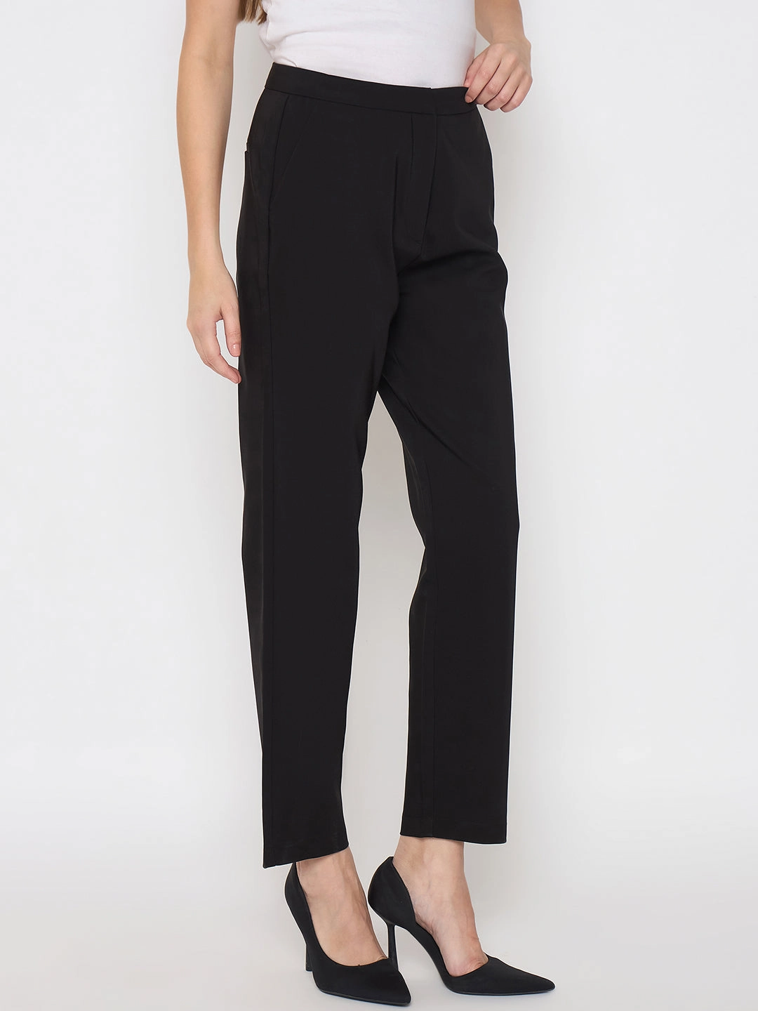 Madame Alex Waist Belt Detail Solid Black Trousers Soft Touch Contoured Panel Design
