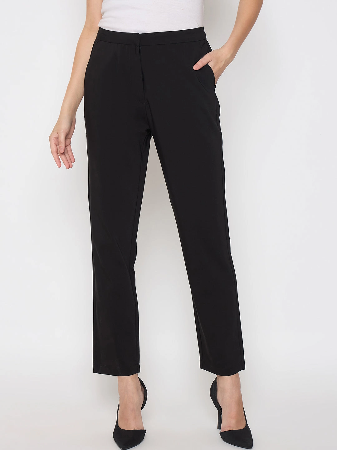 Madame Alex Waist Belt Detail Solid Black Trousers Modern Relaxed