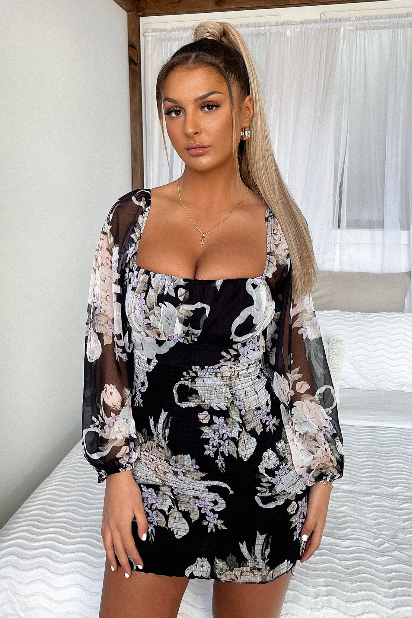 Soni Dress - Black Floral Subtle Motion Clean Grace