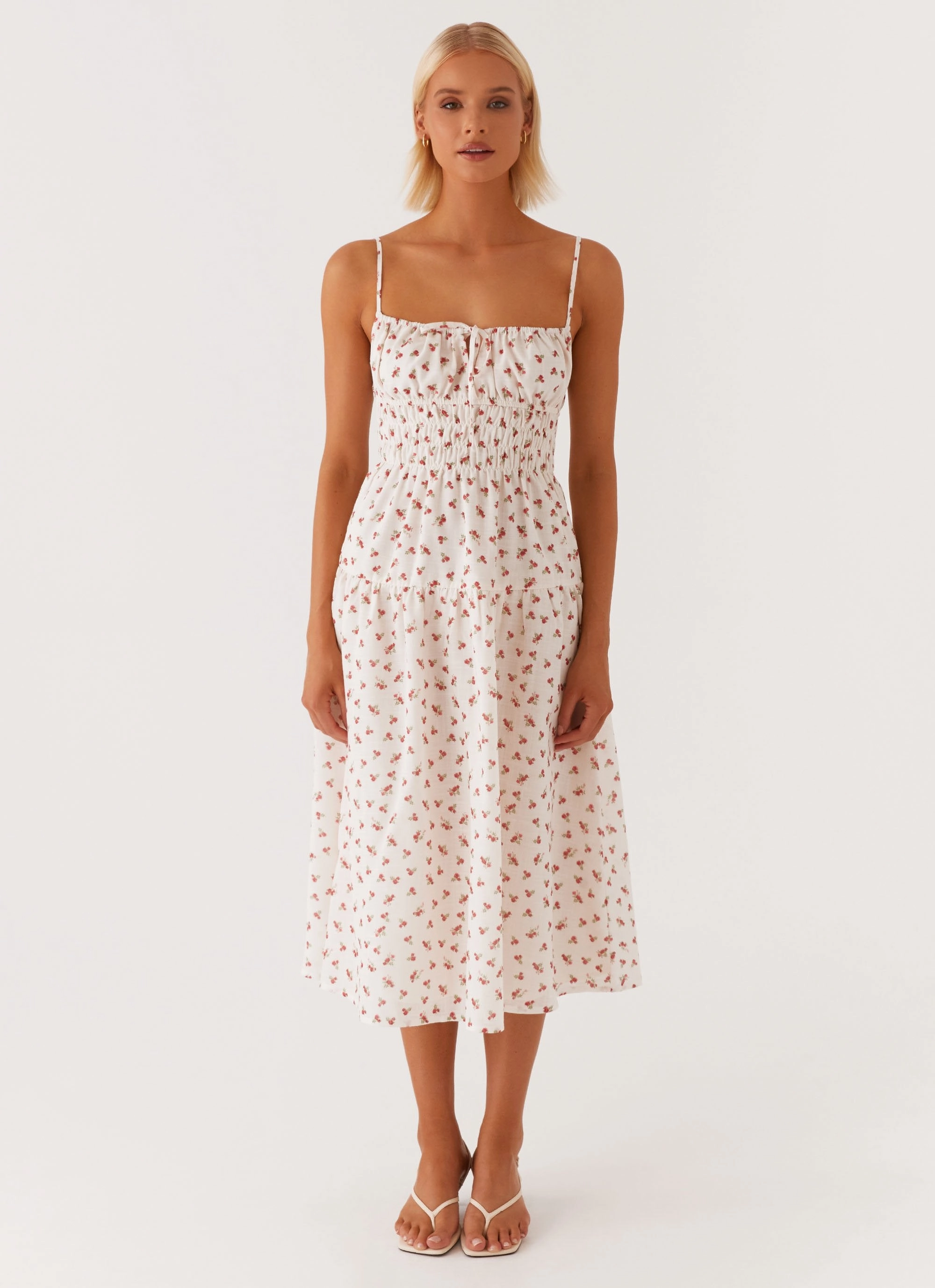Silky texture custom-fit Arla Midi Dress - Red Ditsy Floral