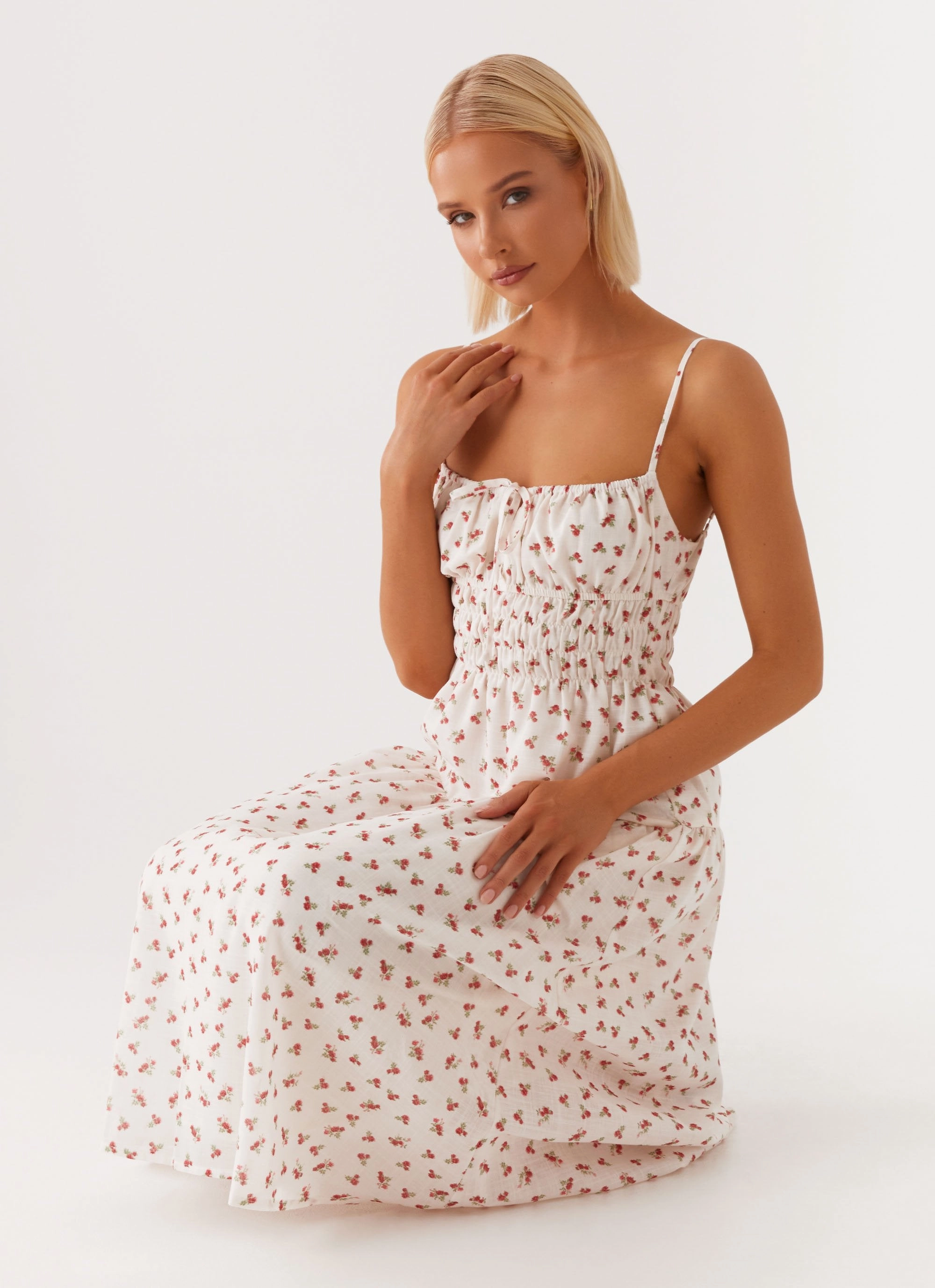 Arla Midi Dress - Red Ditsy Floral Classic Waistband
