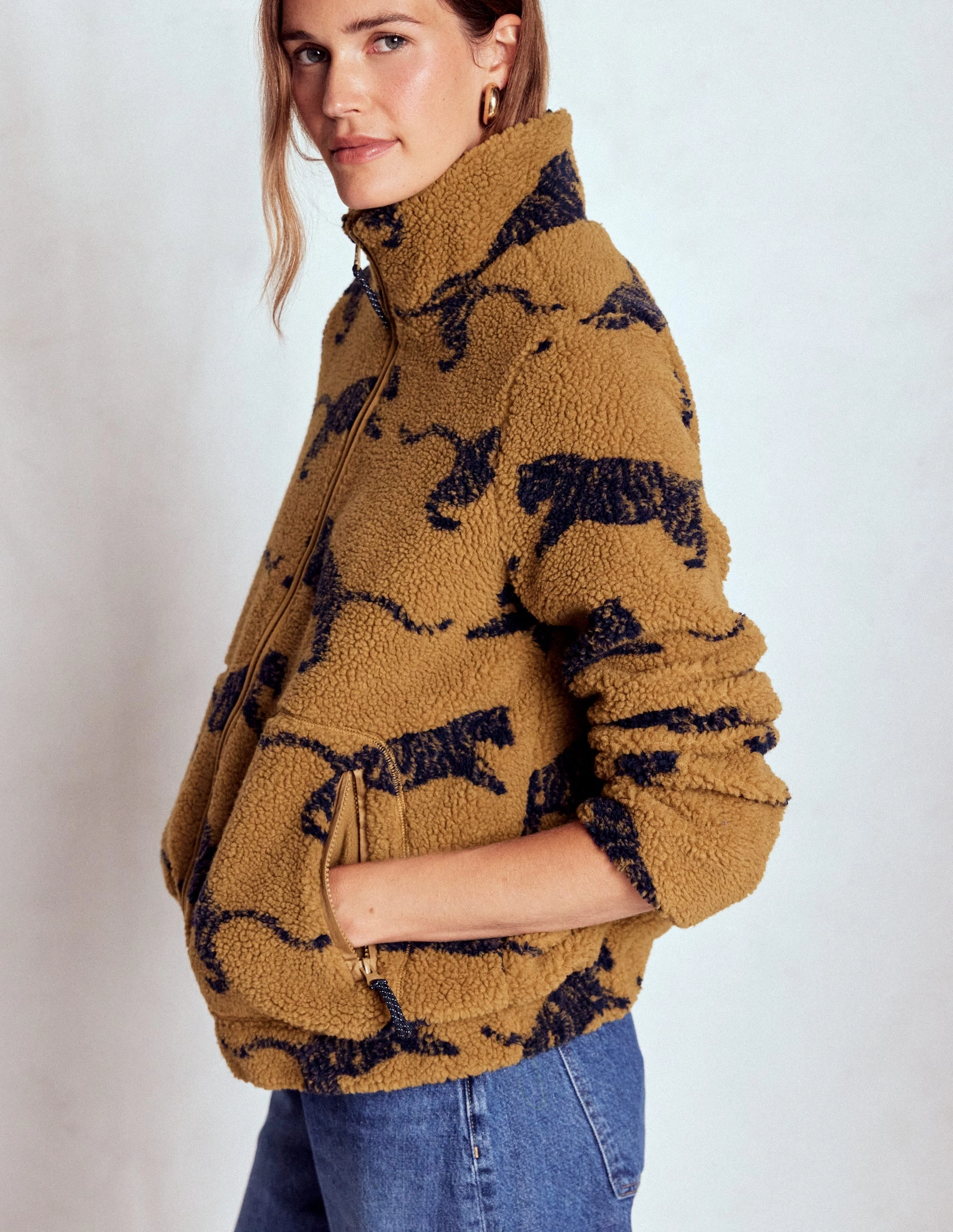 Multi Directional Stretch Adjustable drawstring Westminster Borg Jacket-Hazelnut Brown, Leaping Tiger