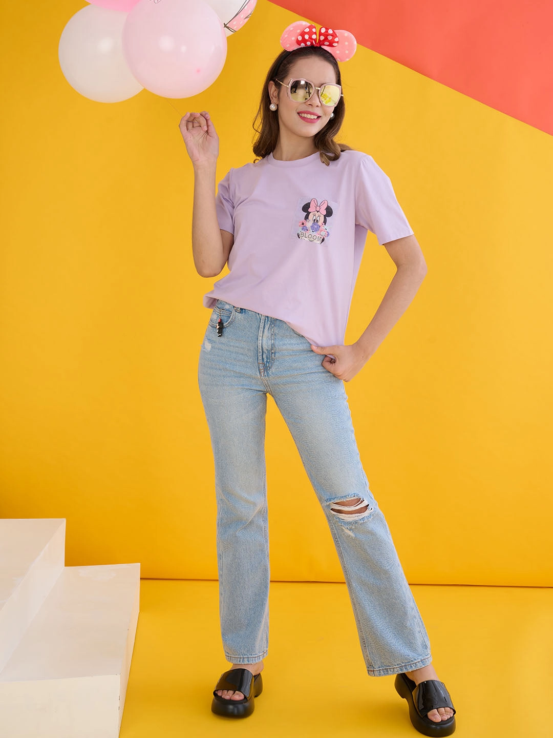 Madame Disney Mickey Mouse Printed Regular Mauve T-Shirt Light and Fresh Athletic Fit