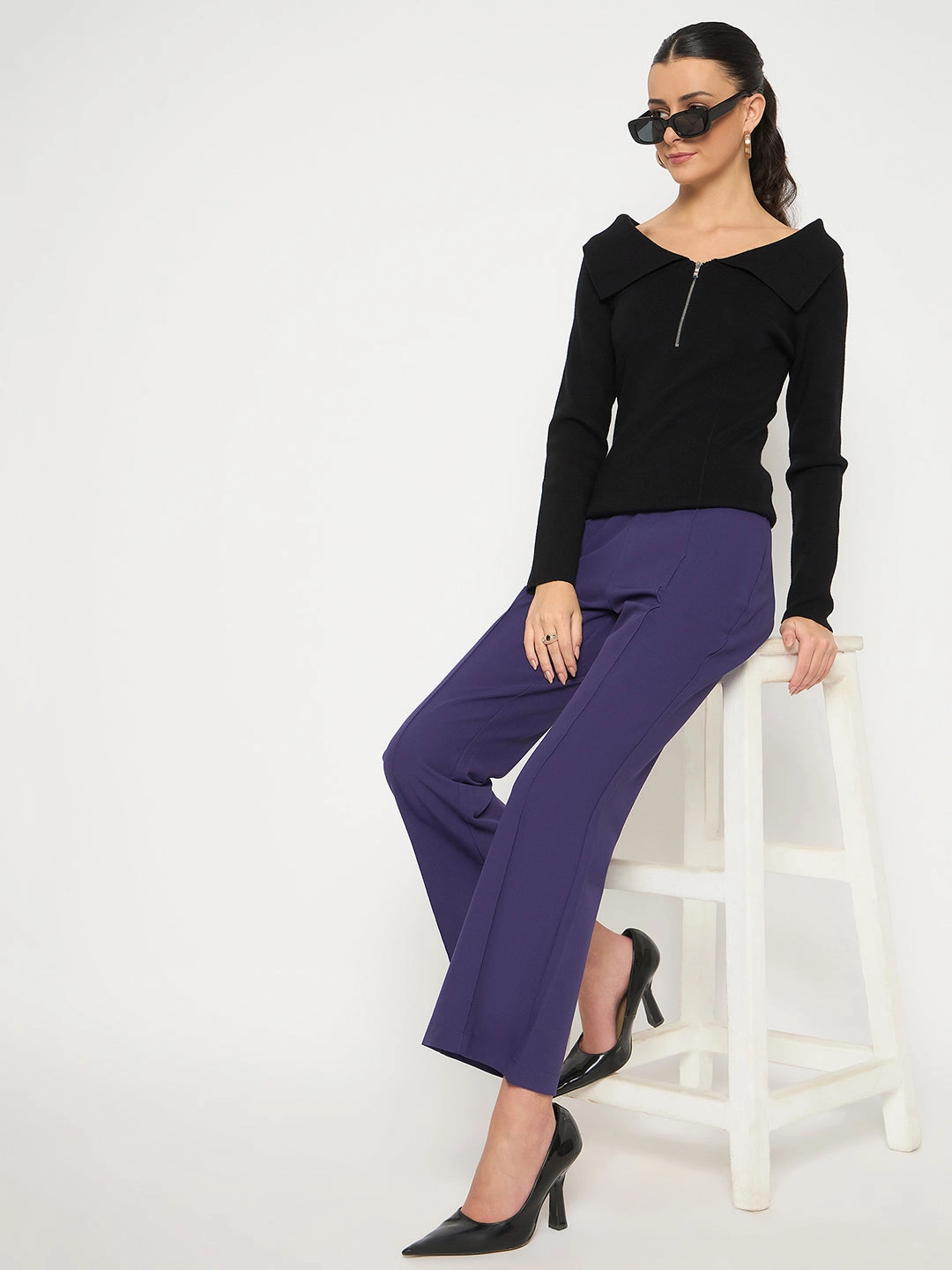 Madame Pleated Flared Purple Trousers Lightweight Fabric Flat Seams