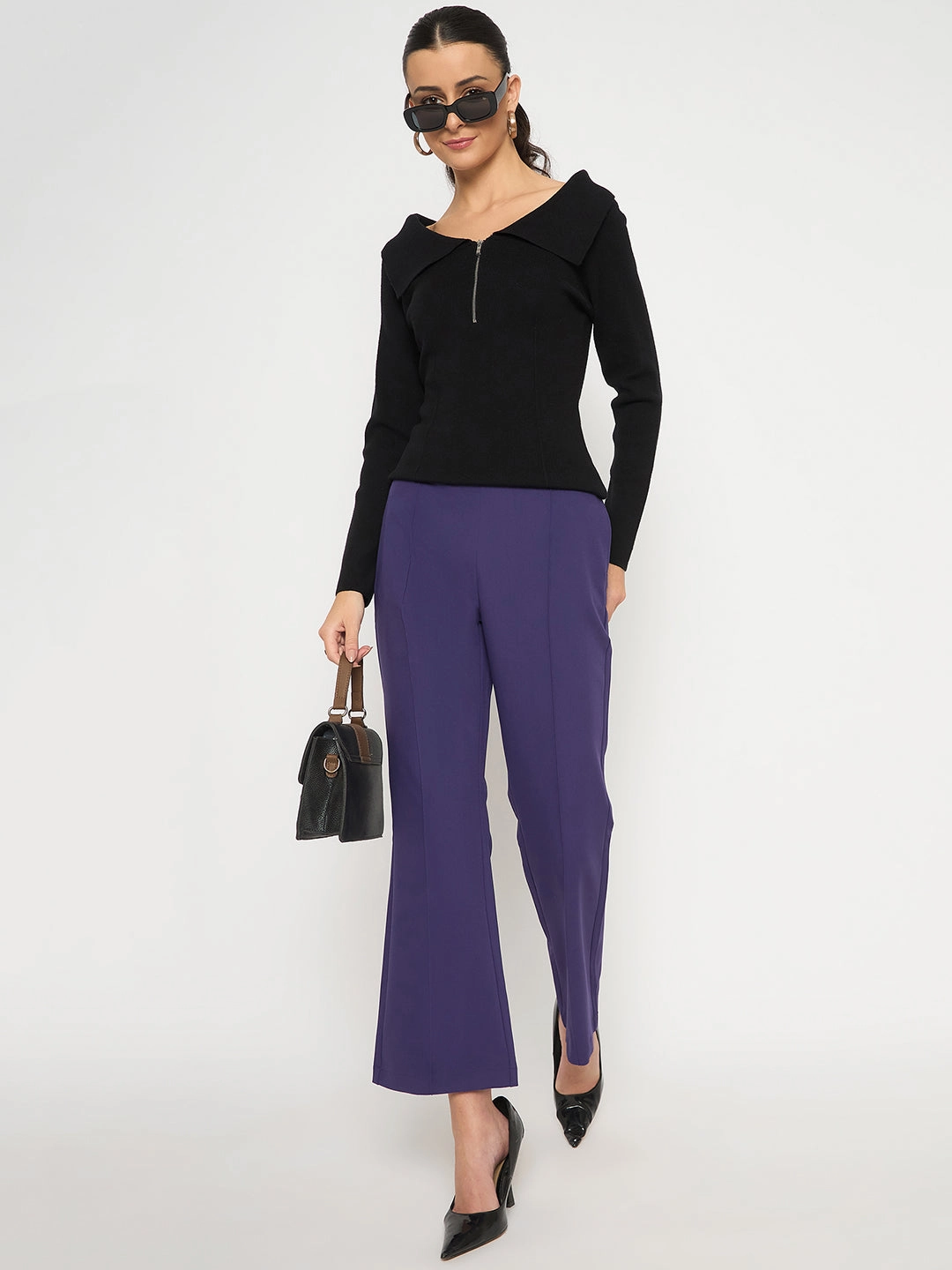 Madame Pleated Flared Purple Trousers Performance Stretch AntiSlipGrip