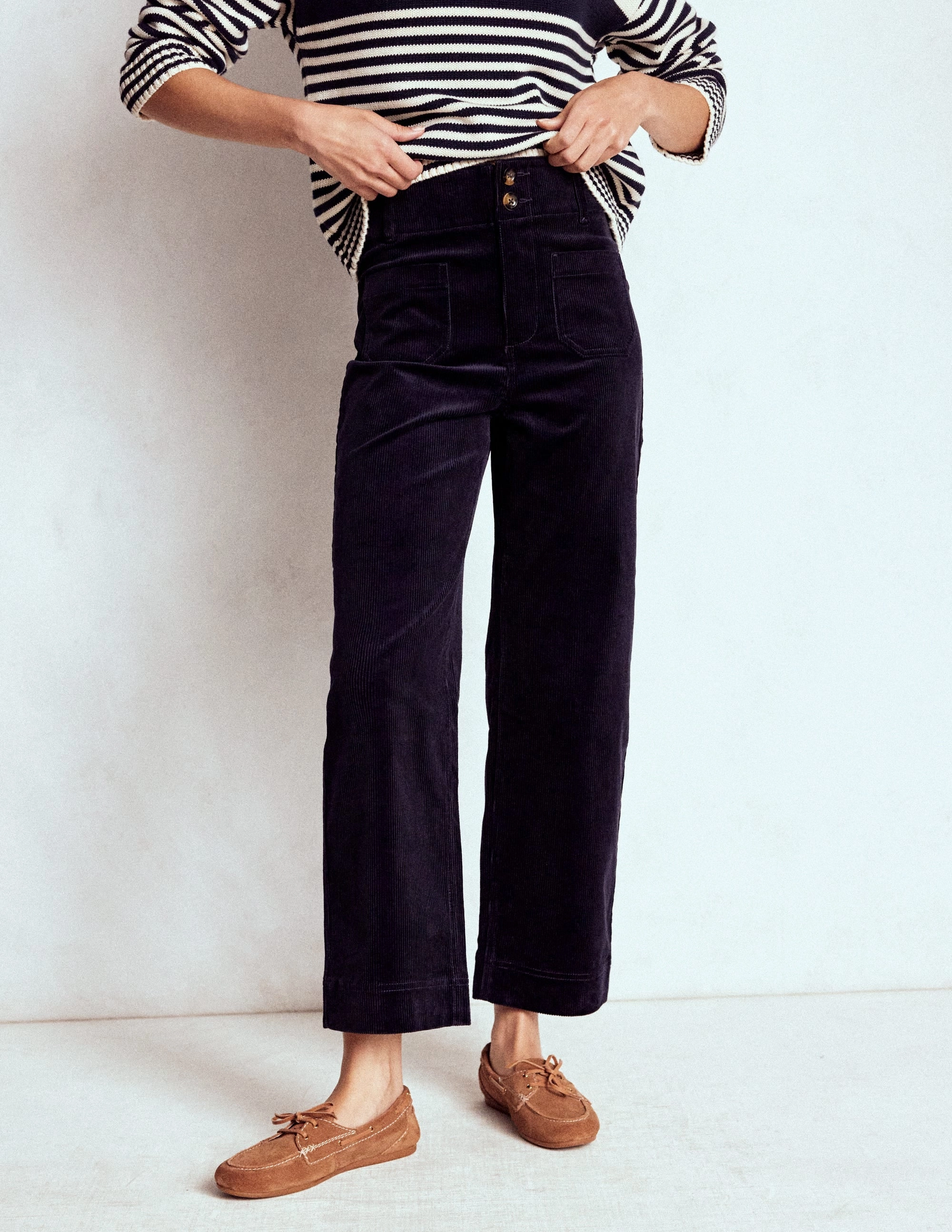 Primrose Cord Trousers-Navy Contrast Trim Eco Friendly Material