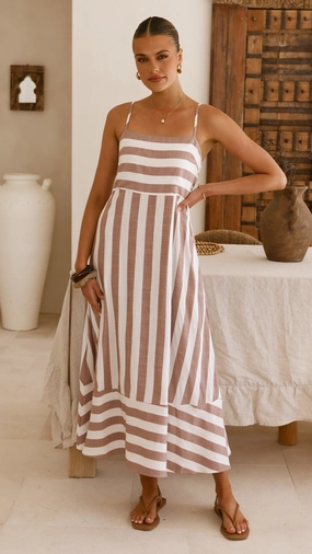 Baylee Midi Dress - Chocolate Stripe Premium Material Cool Fabric